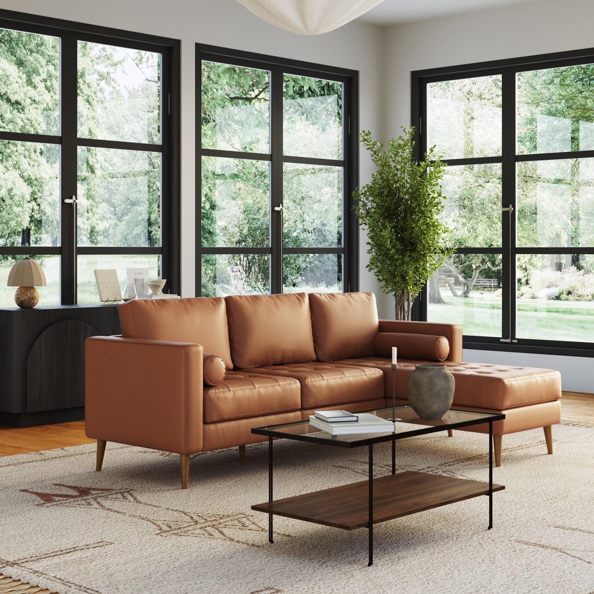 Mid-Century Tufted Leather 3-Seat Sofa with Chaise Camel