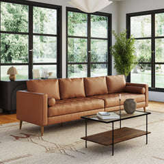 Mid-Century Tufted Leather 4-Seat Sofa with Bench Seats Camel