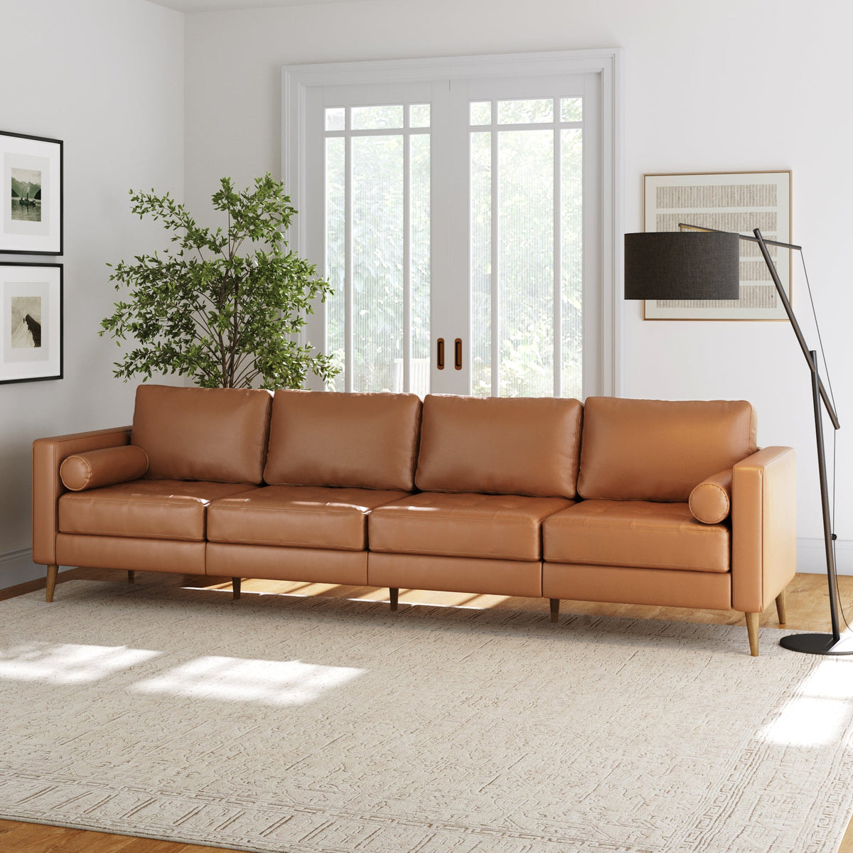 Mid-Century Tufted Leather 4-Seat Sofa Camel