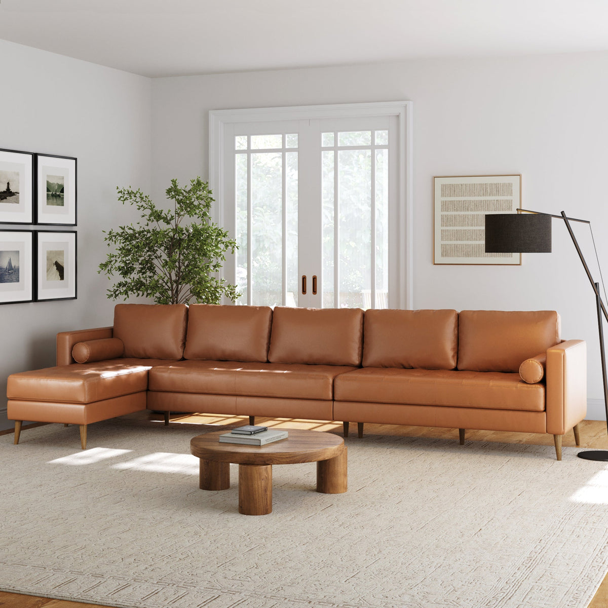 Mid-Century Tufted Leather 5-Seat Sofa with Bench Seat & Chaise Camel