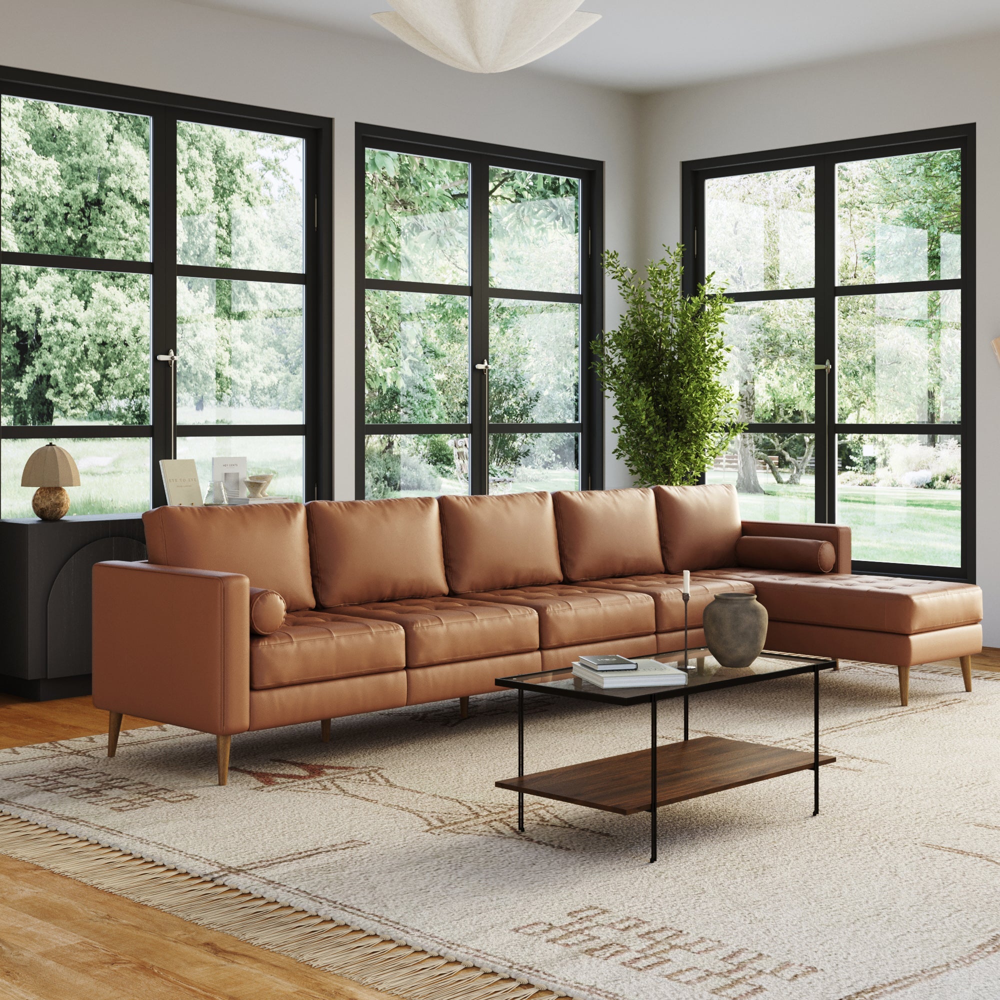Mid-Century Tufted Leather 5-Seat Sofa with Chaise Camel