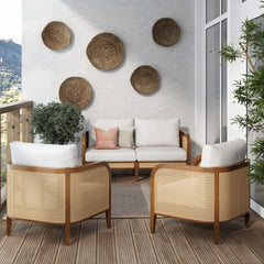 Outdoor 3 Piece Wood Patio Set Rattan Loveseat and Chairs