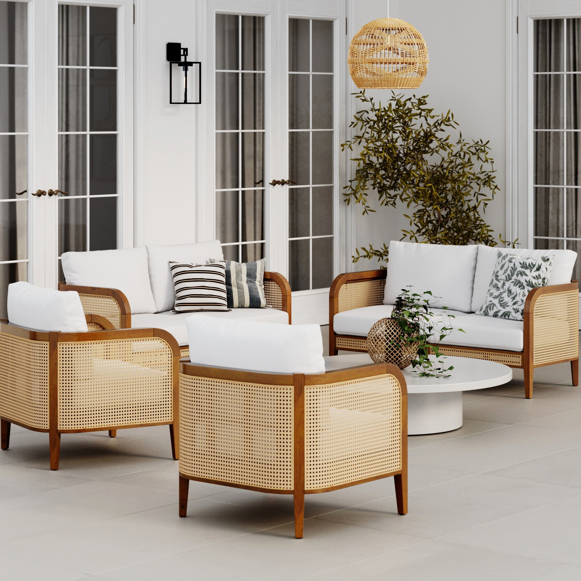 Outdoor 4 Piece Wood Patio Set Rattan Loveseats and Chairs