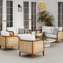 Outdoor 4 Piece Wood Patio Set Rattan Loveseats and Chairs