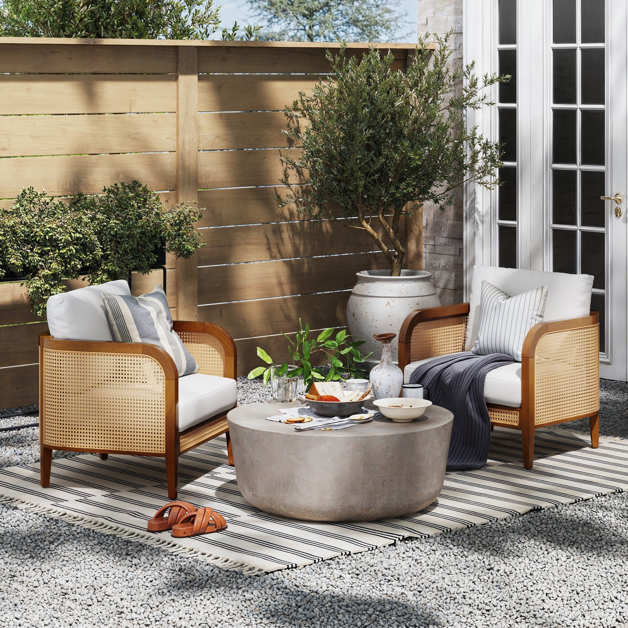 Outdoor Wood & Rattan Patio Arm Chairs Acacia (Set of 2)