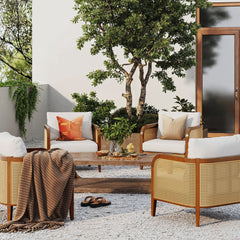 Outdoor Wood & Rattan Patio Arm Chairs Acacia (Set of 4)
