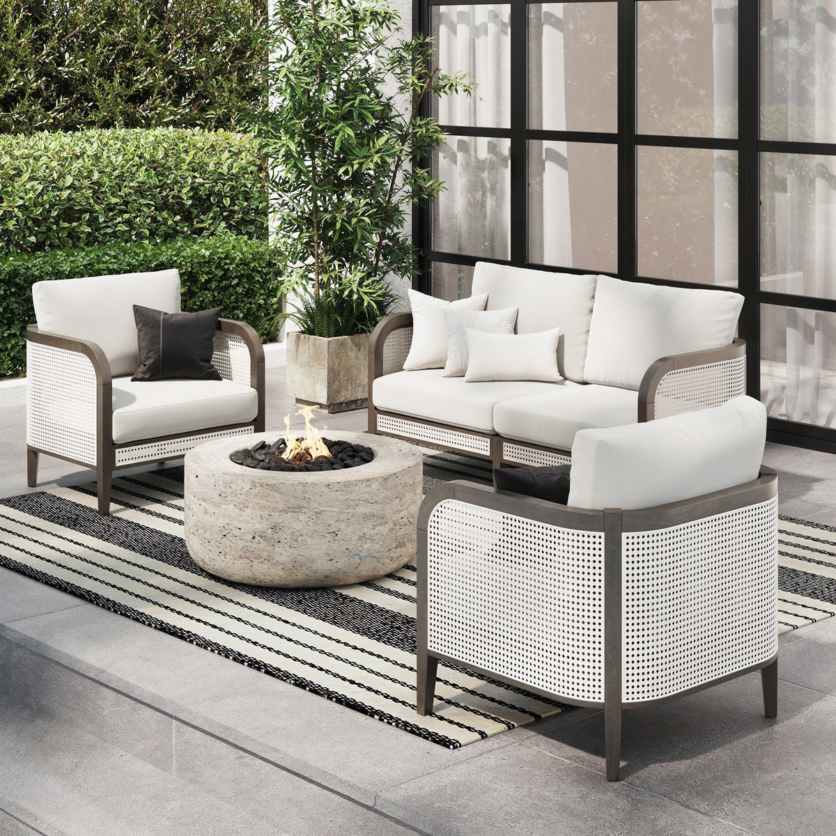 Outdoor 3 Piece Wood Patio Set Rattan Loveseat and Chairs