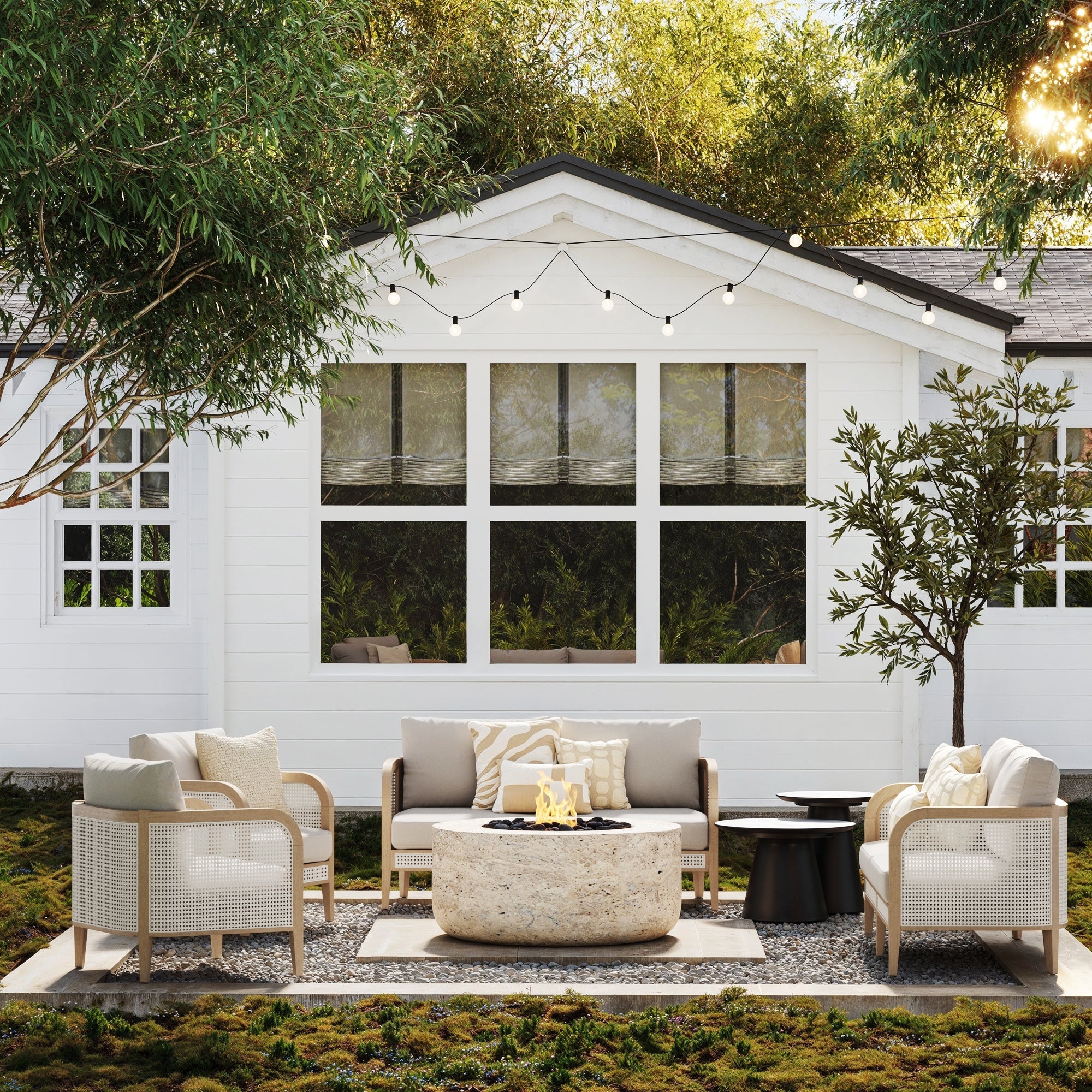 Outdoor 4 Piece Wood Patio Set Rattan Loveseats and Chairs
