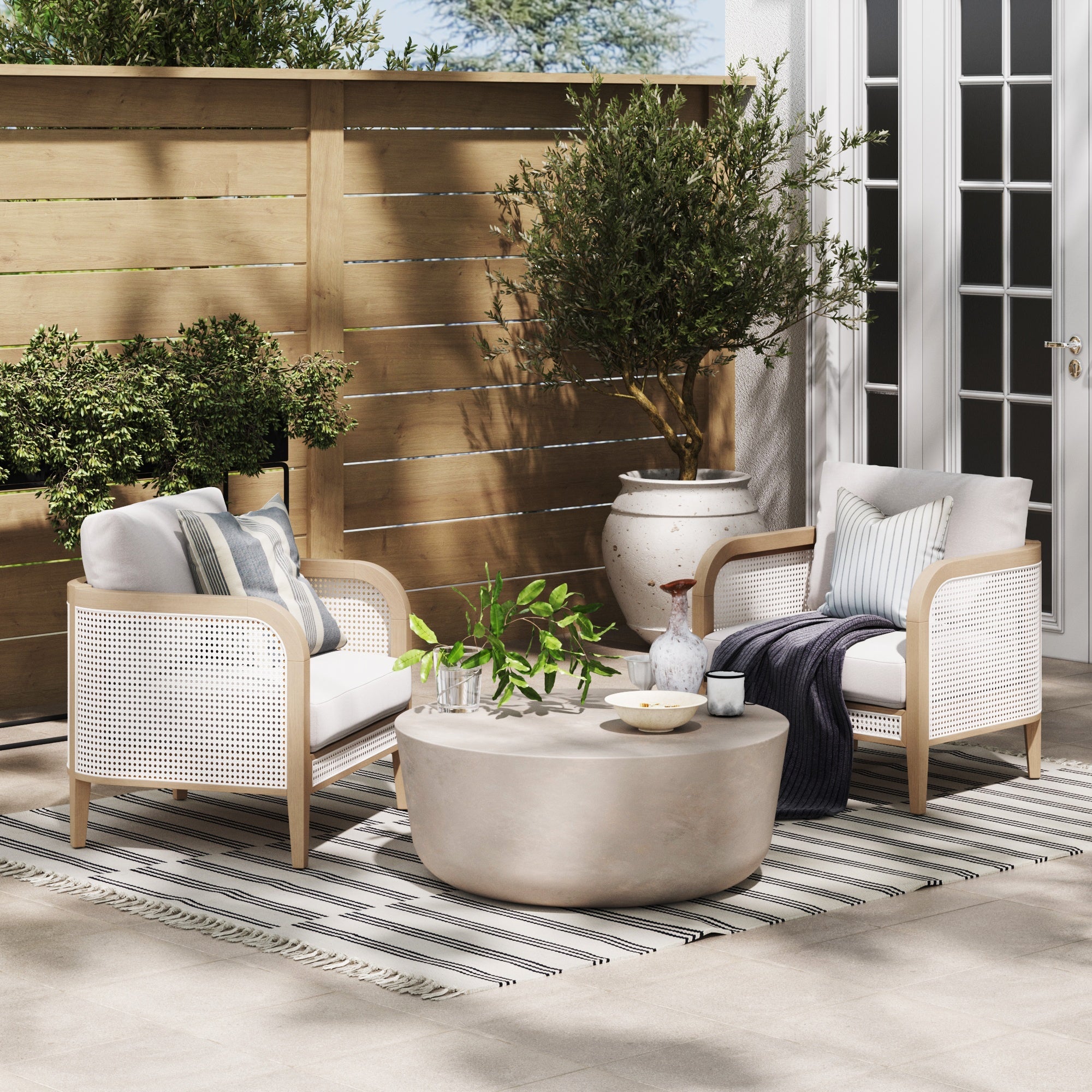 Outdoor Wood & Rattan Patio Arm Chairs Gray Oak (Set of 2)