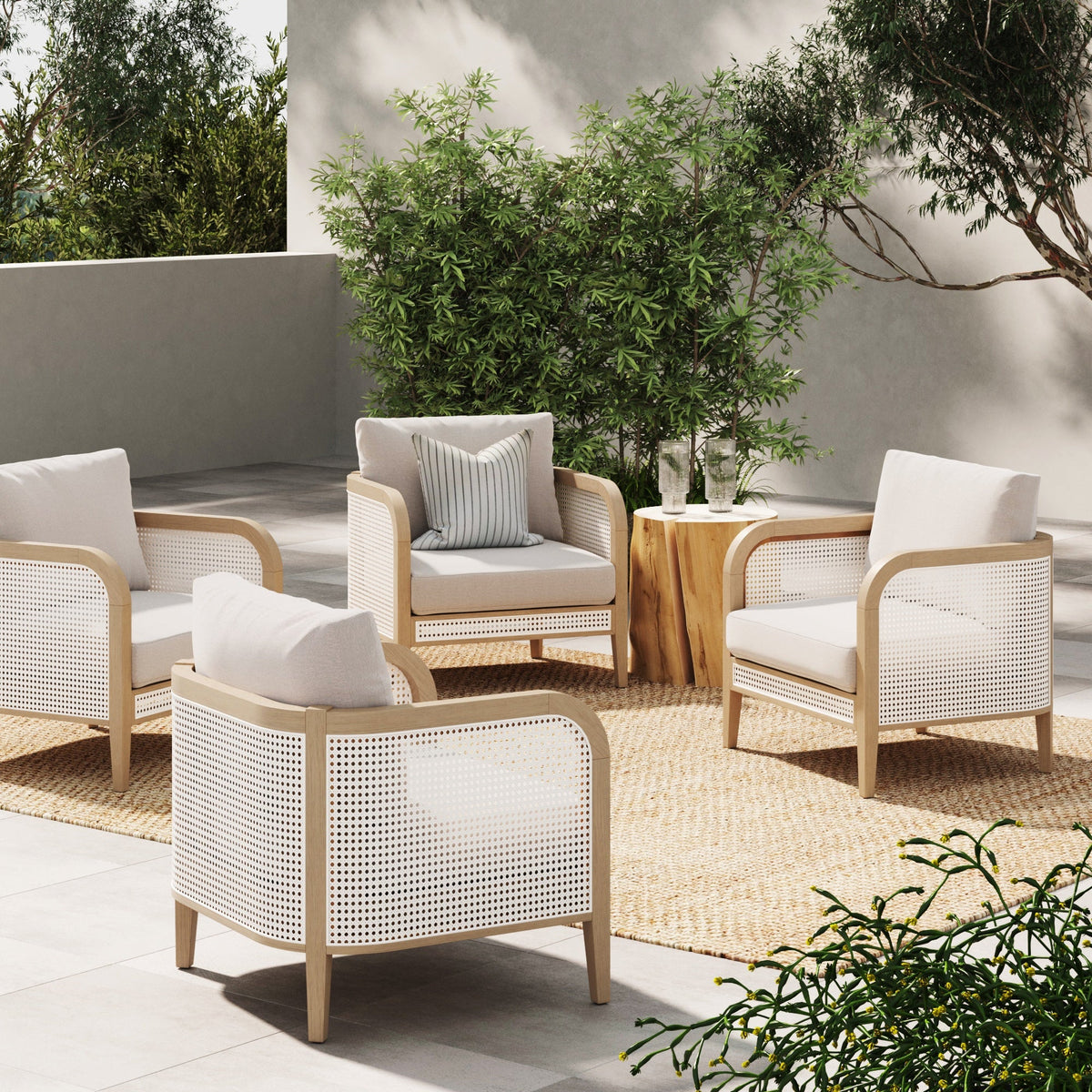 Outdoor Wood & Rattan Patio Arm Chairs Gray Oak (Set of 4)