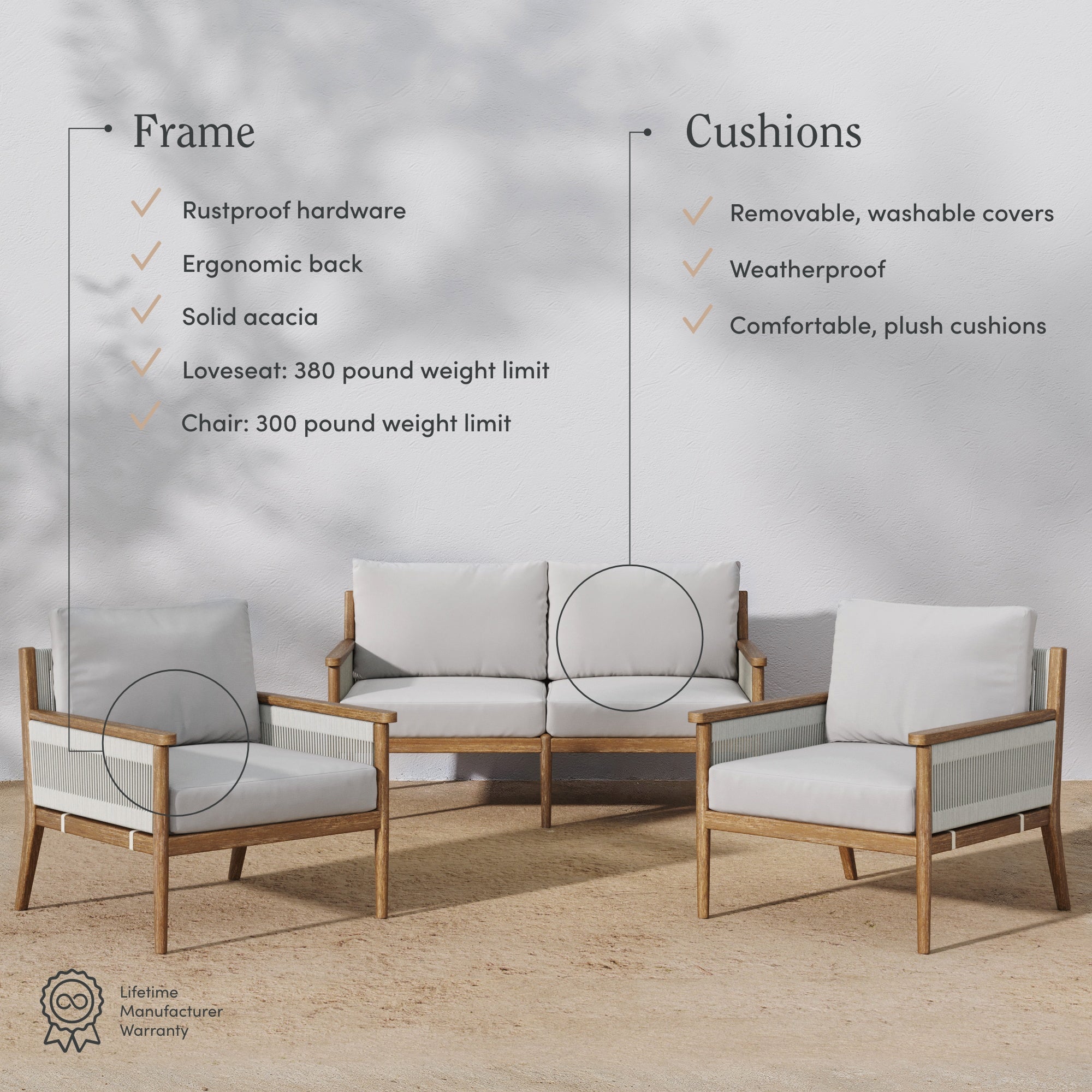 Outdoor 3 Piece Wood Patio Set Loveseat and Chairs