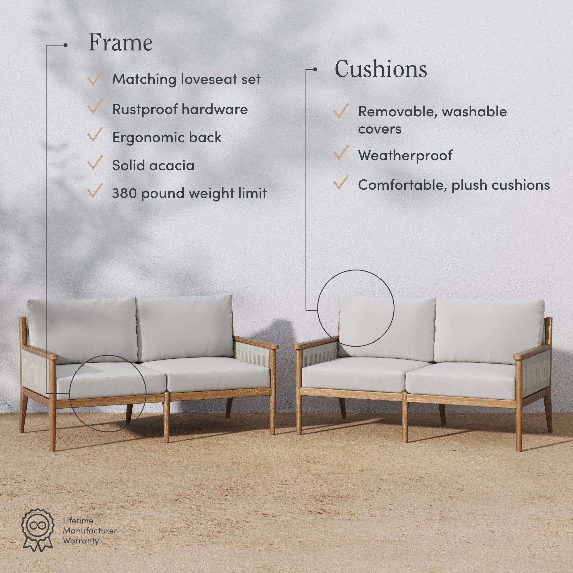 Outdoor Wood & Rope Patio Set of 2 Loveseats Light Gray