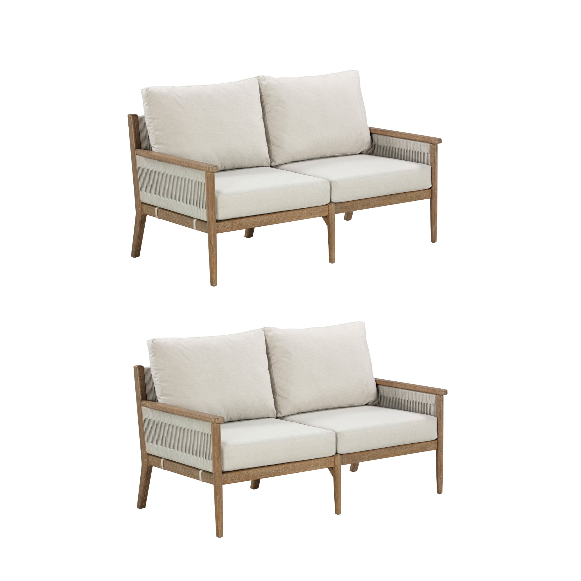 Outdoor Wood & Rope Patio Set of 2 Loveseats Light Gray