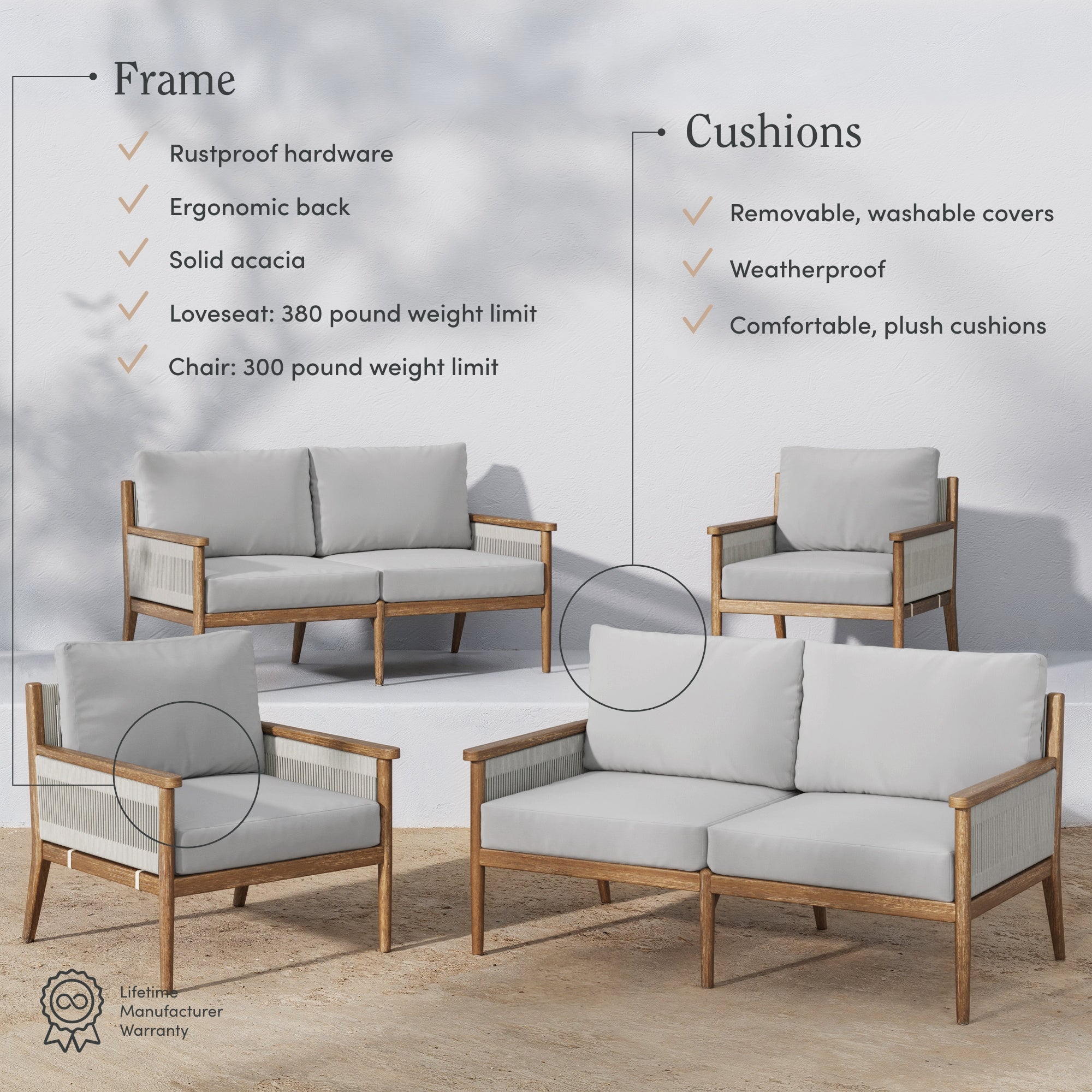 Outdoor 4 Piece Wood Patio Set Loveseats and Chairs