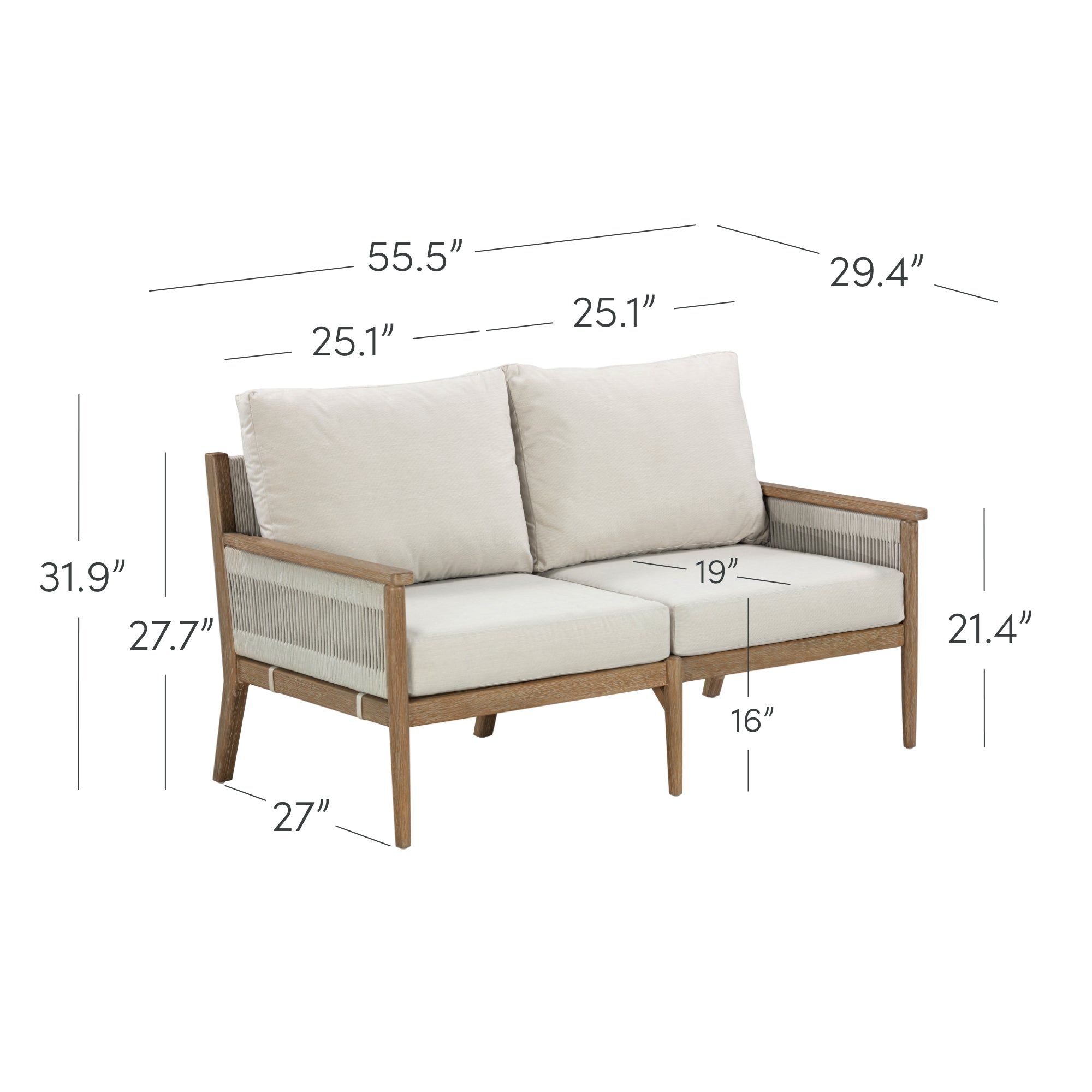 Outdoor Wood & Rope Patio Loveseat Light Gray