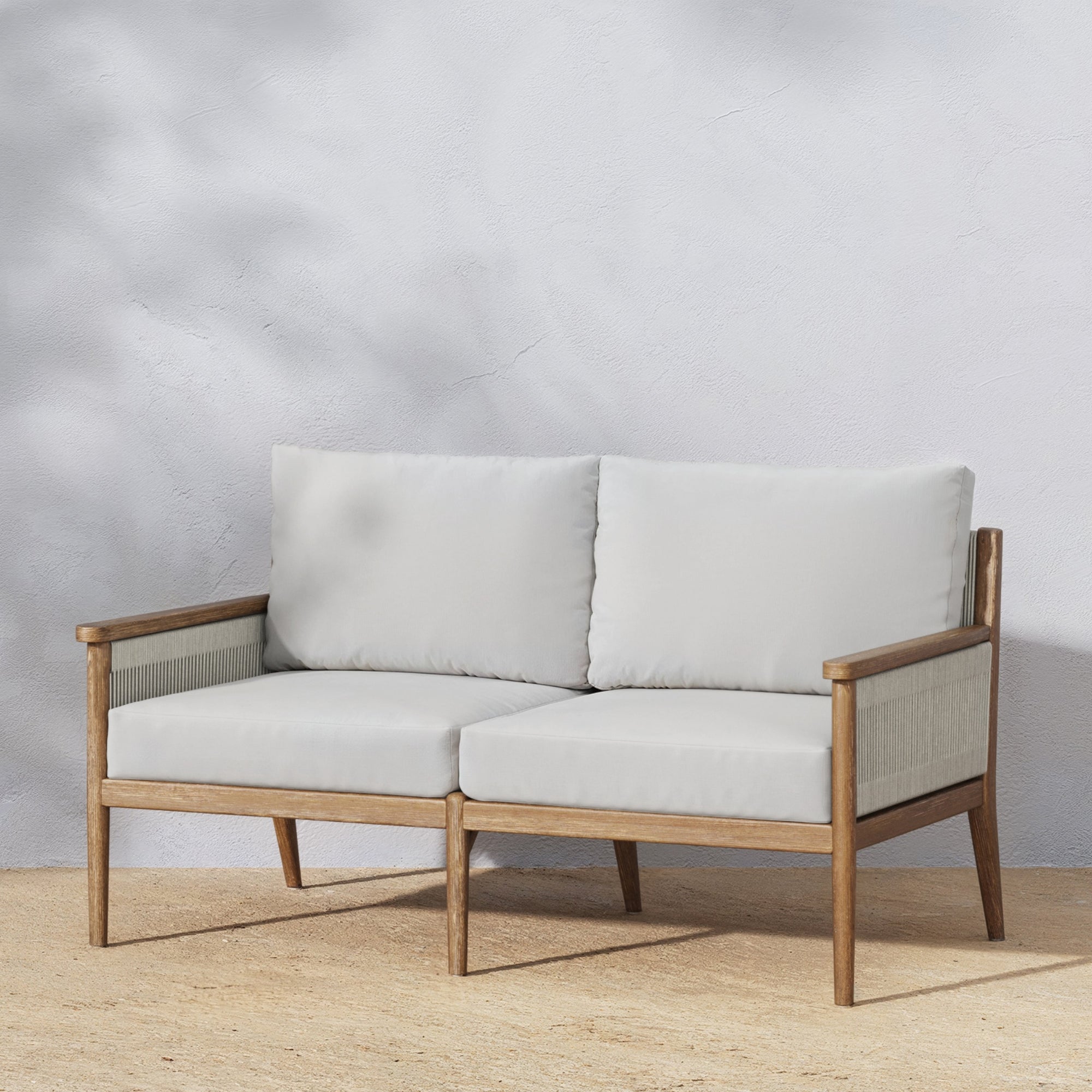 Outdoor Wood & Rope Patio Loveseat Light Gray