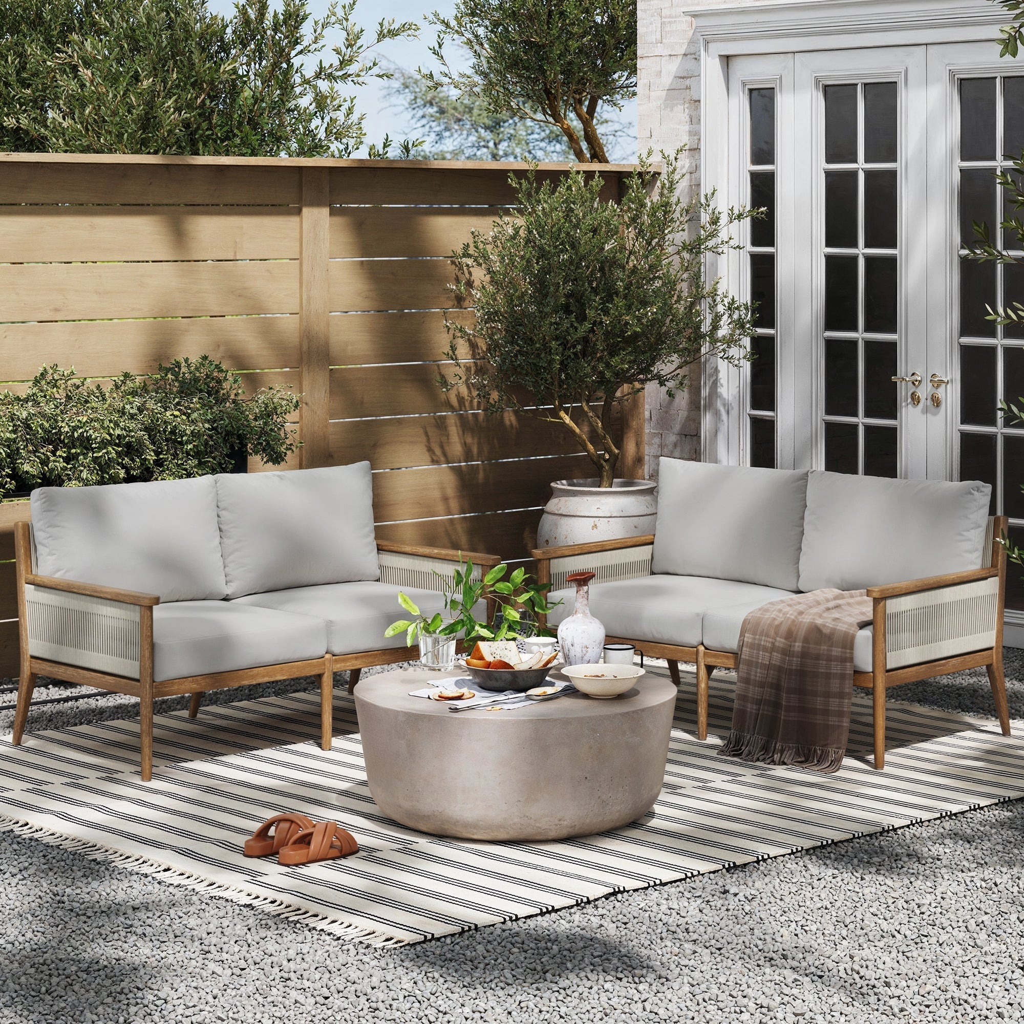 Outdoor Wood & Rope Patio Loveseat Light Gray