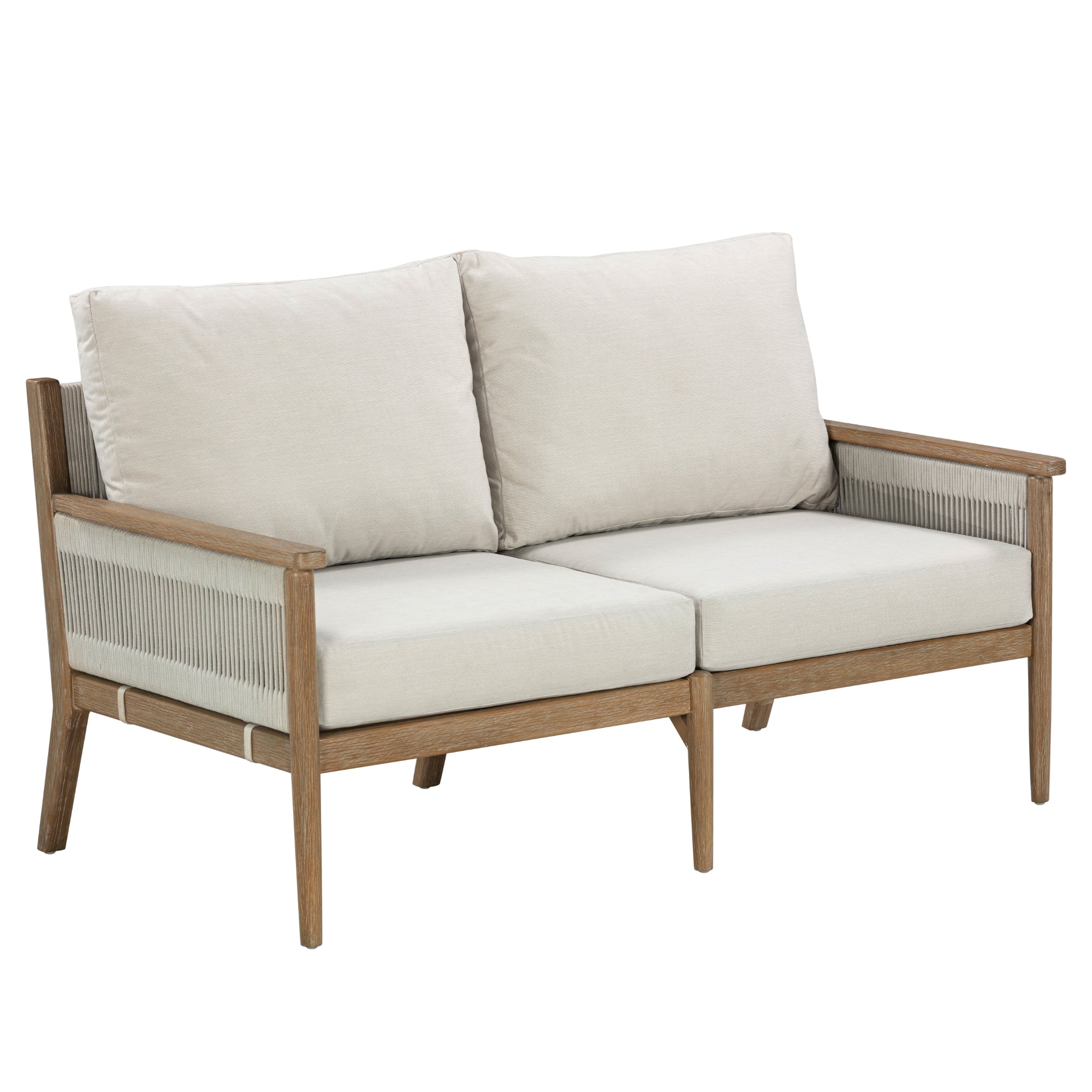 Outdoor Wood & Rope Patio Loveseat Light Gray