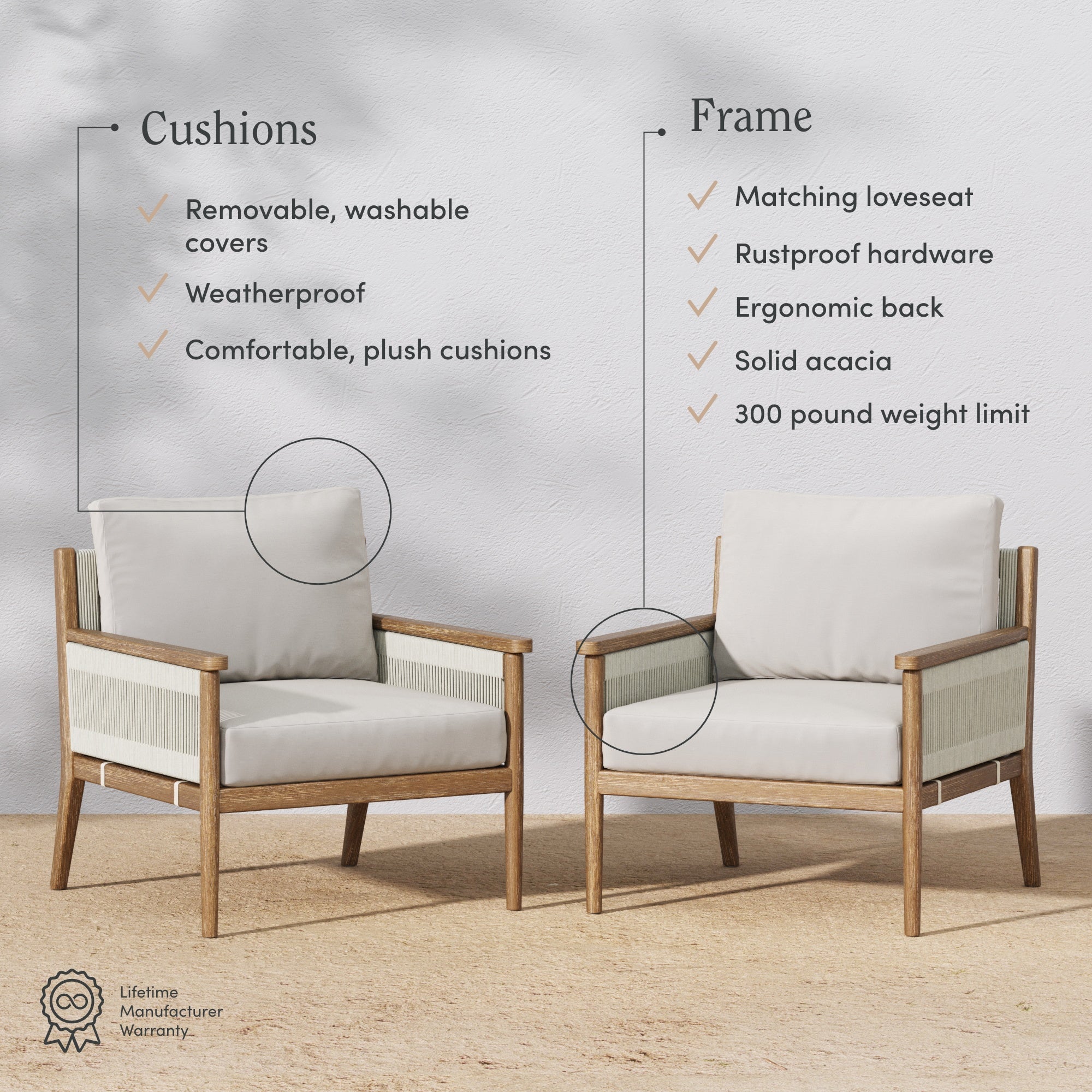 Outdoor Wood & Rope Patio Arm Chairs Light Gray (Set of 2)