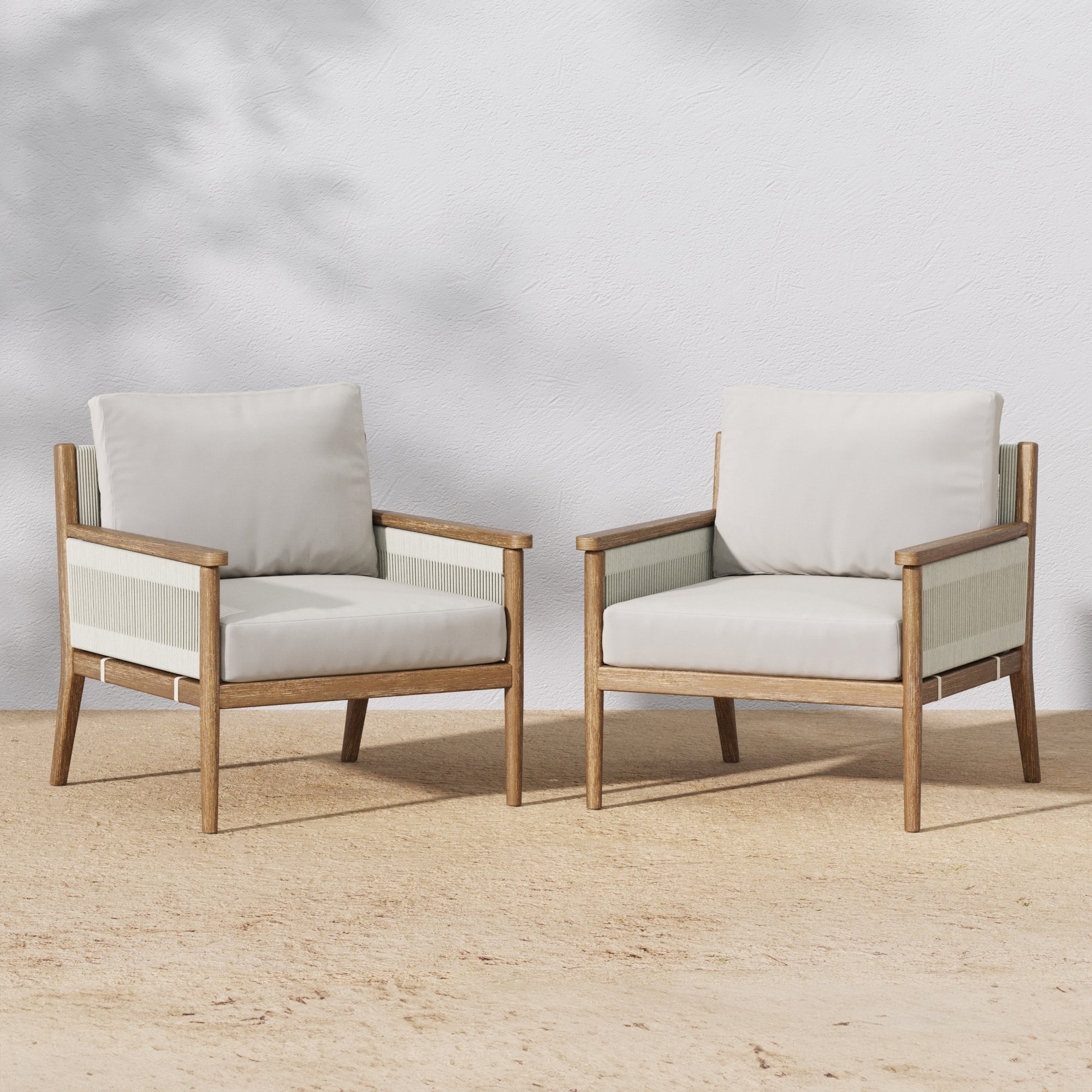 Outdoor Wood & Rope Patio Arm Chairs Light Gray (Set of 2)