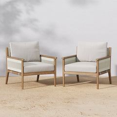 Outdoor Wood & Rope Patio Arm Chairs Light Gray (Set of 2)