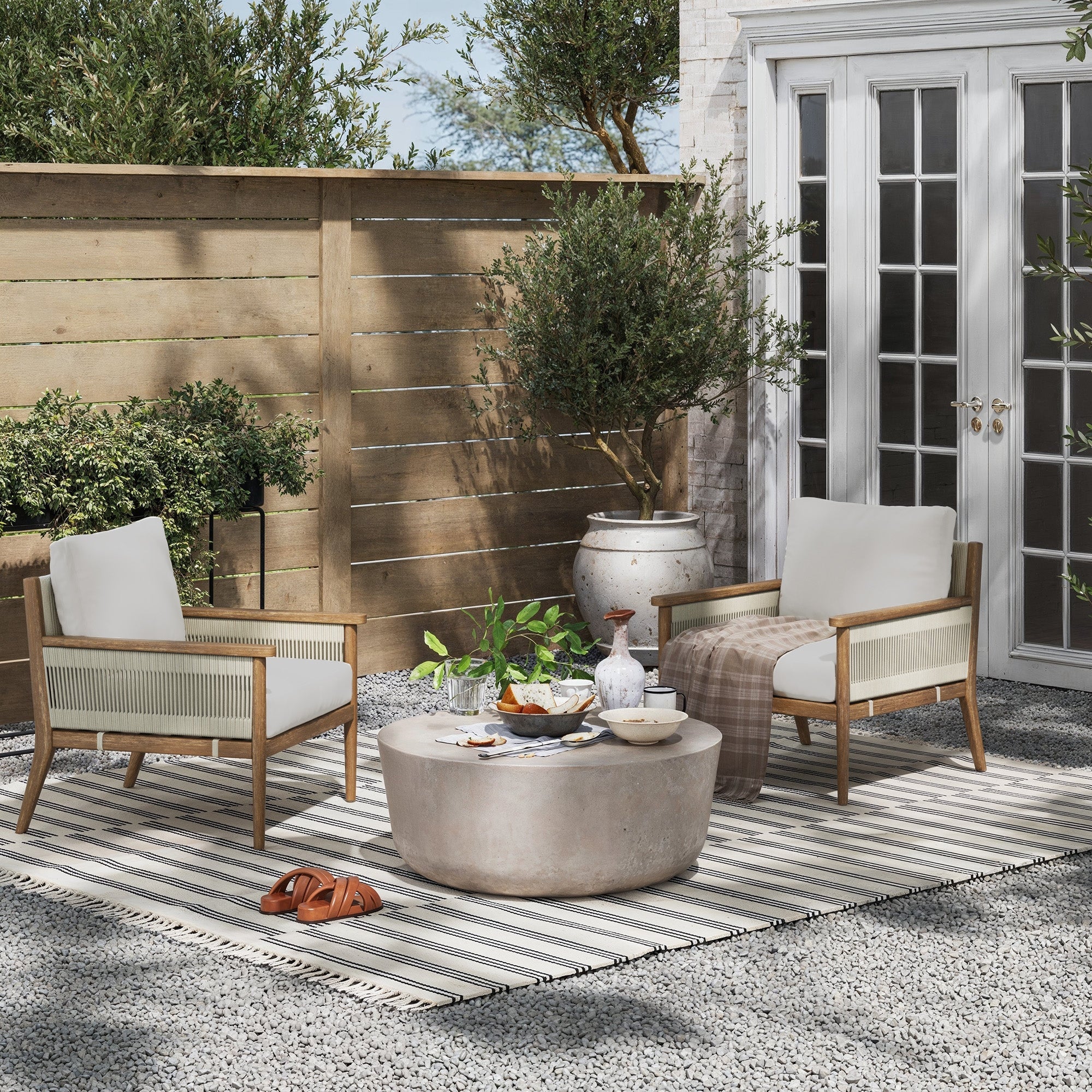 Outdoor Wood & Rope Patio Arm Chairs Light Gray (Set of 2)