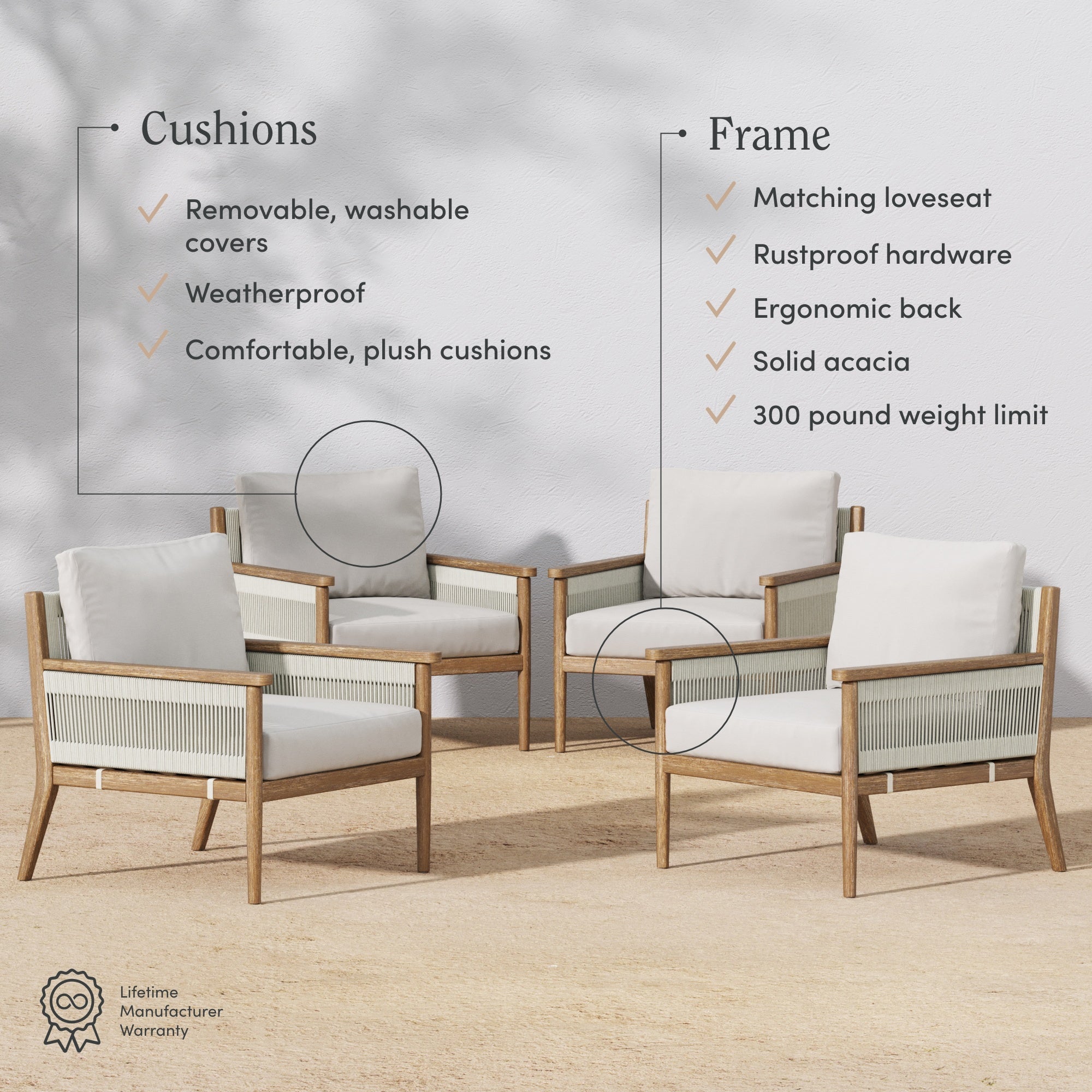 Outdoor Wood & Rope Patio Arm Chairs Light Gray (Set of 4)