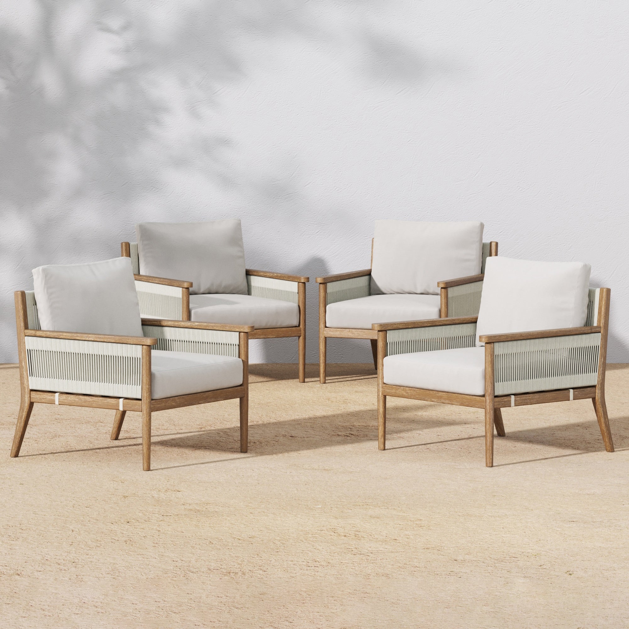 Outdoor Wood & Rope Patio Arm Chairs Light Gray (Set of 4)