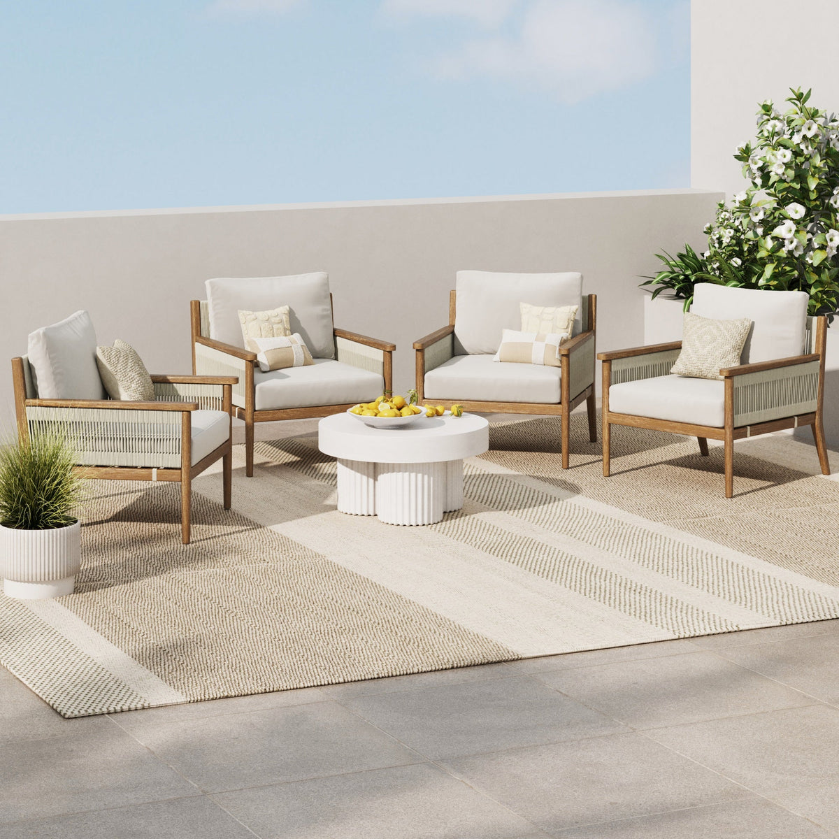 Outdoor Wood & Rope Patio Arm Chairs Light Gray (Set of 4)