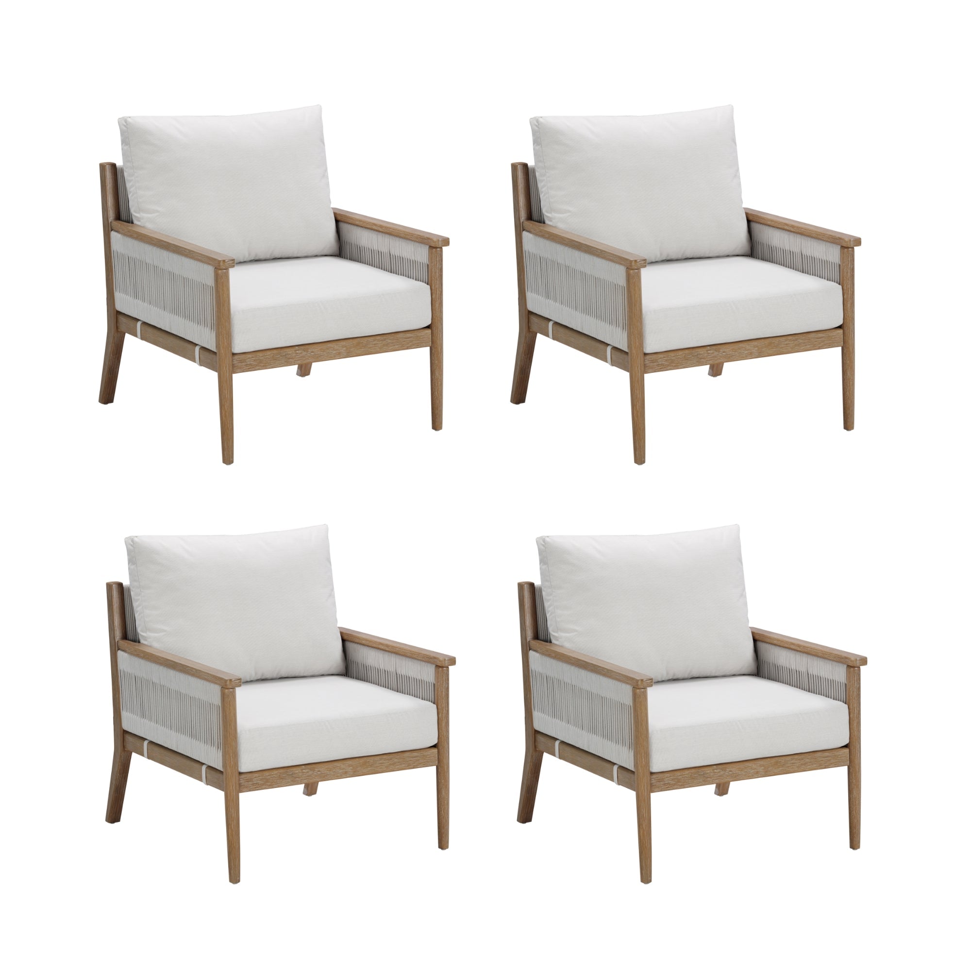 Outdoor Wood & Rope Patio Arm Chairs Light Gray (Set of 4)