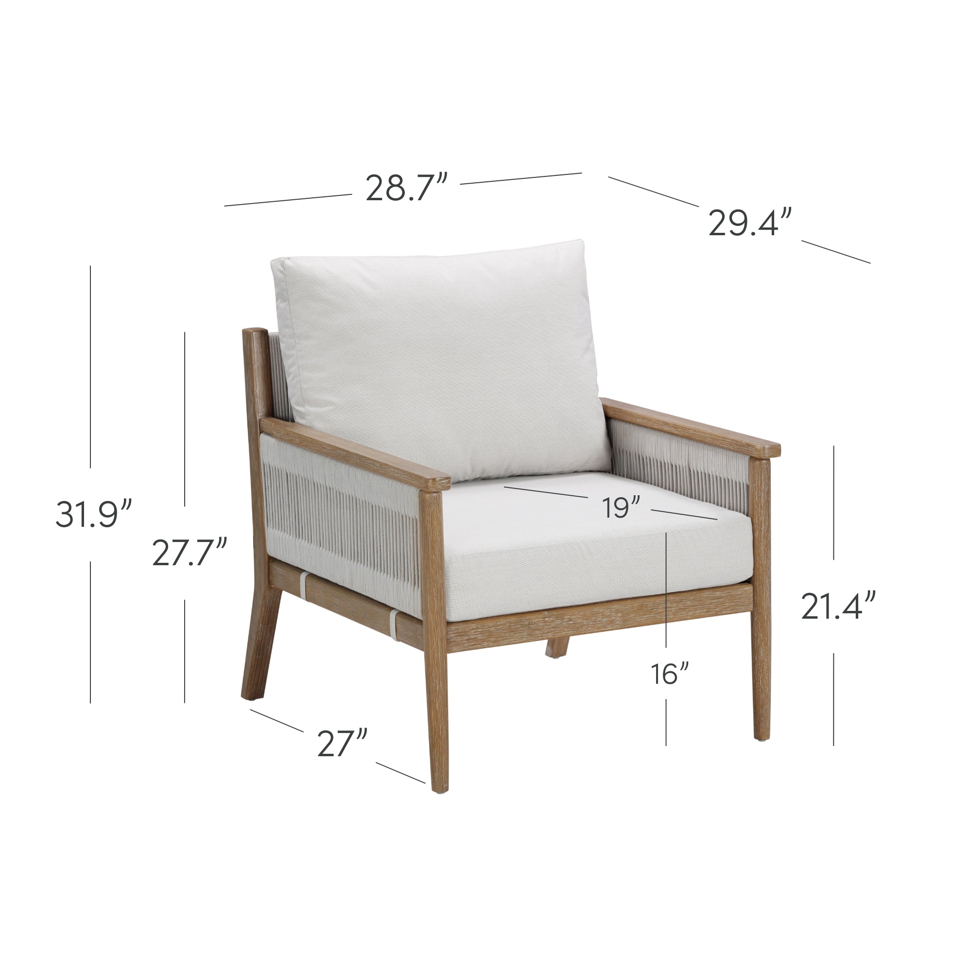 Outdoor Wood & Rope Patio Arm Chair Light Gray