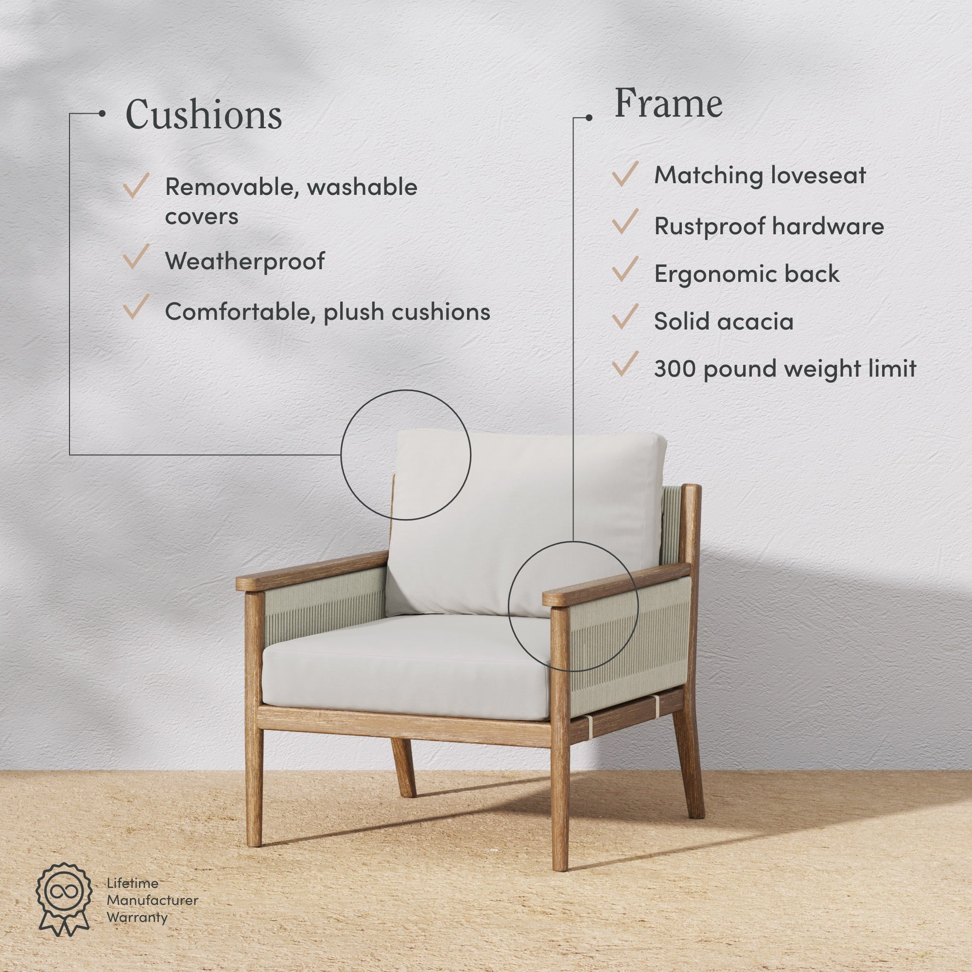 Outdoor Wood & Rope Patio Arm Chair Light Gray