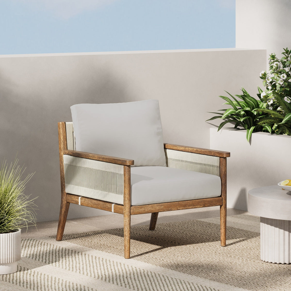 Outdoor Wood & Rope Patio Arm Chair Light Gray