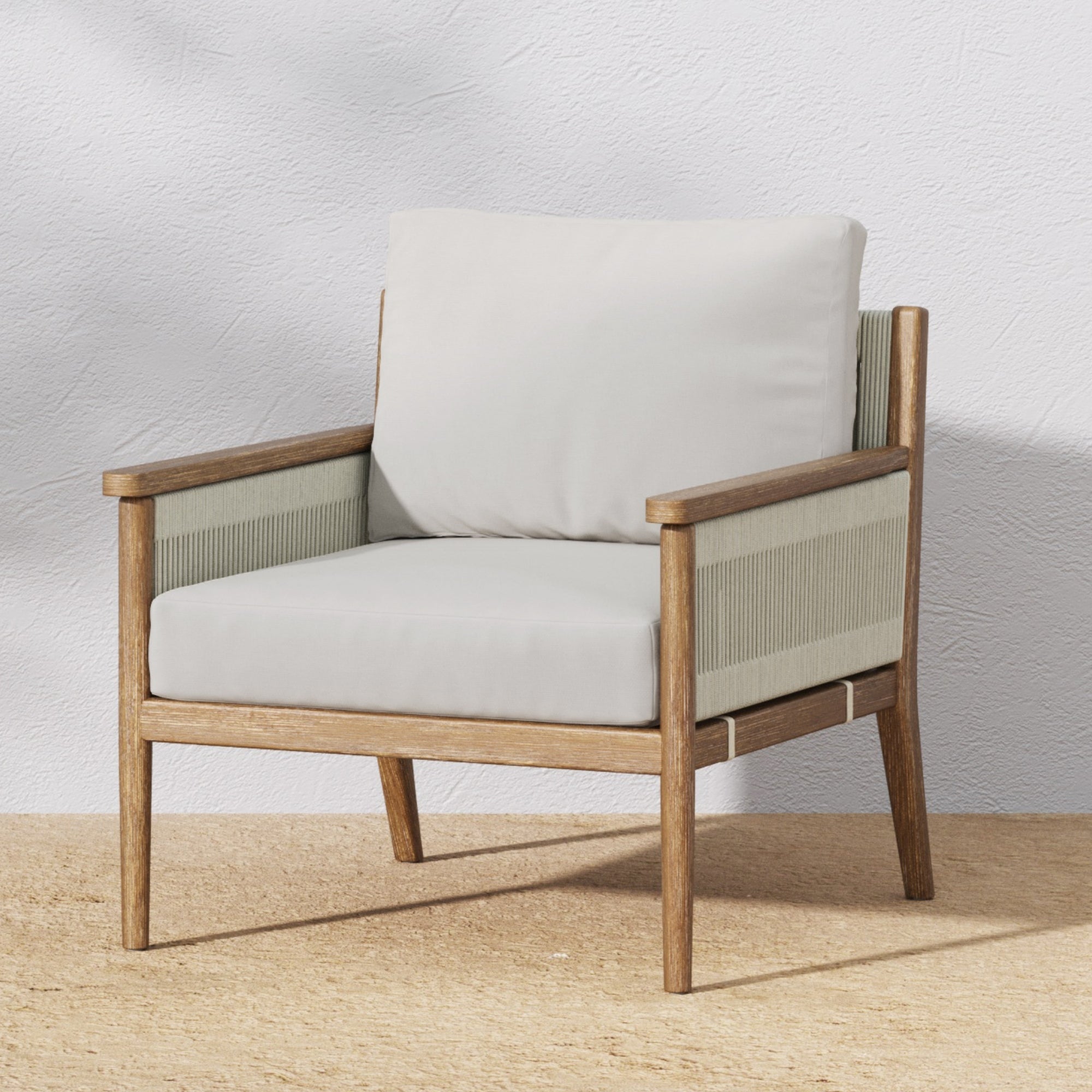 Outdoor Wood & Rope Patio Arm Chair Light Gray