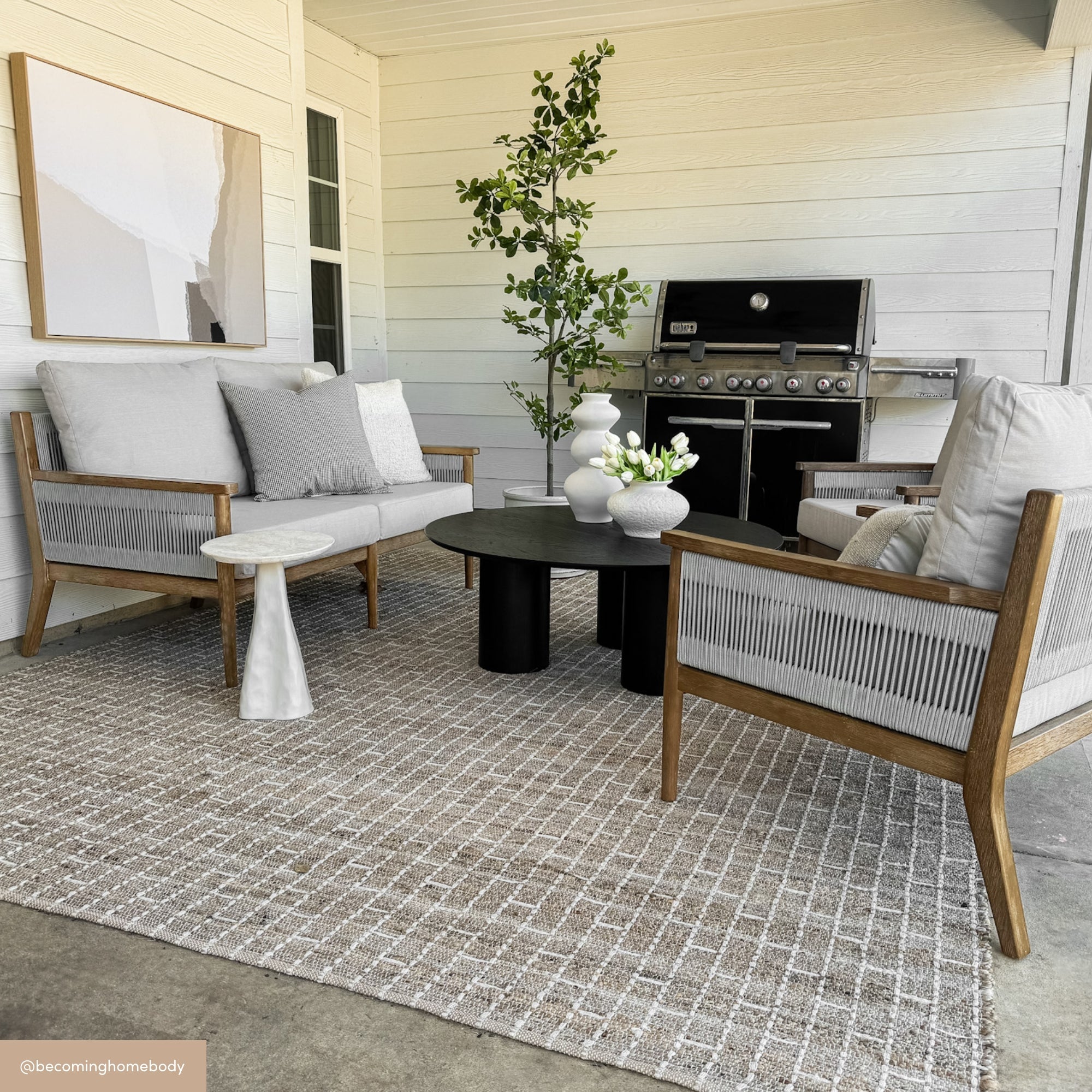 Outdoor Wood & Rope Patio Arm Chair Light Gray