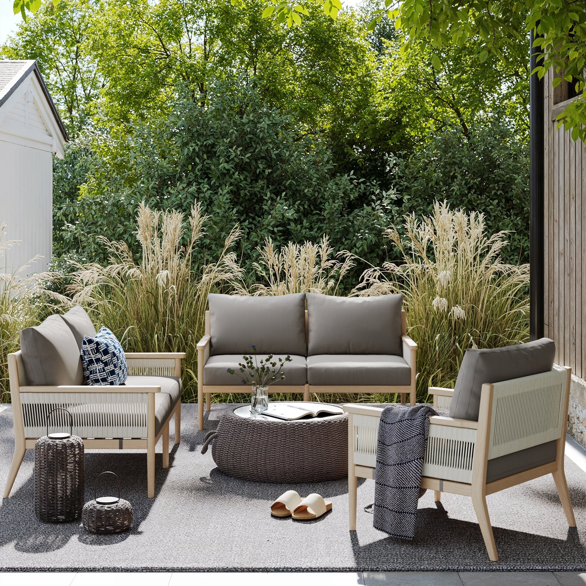 Outdoor Wood & Rope Patio Loveseat Medium Gray
