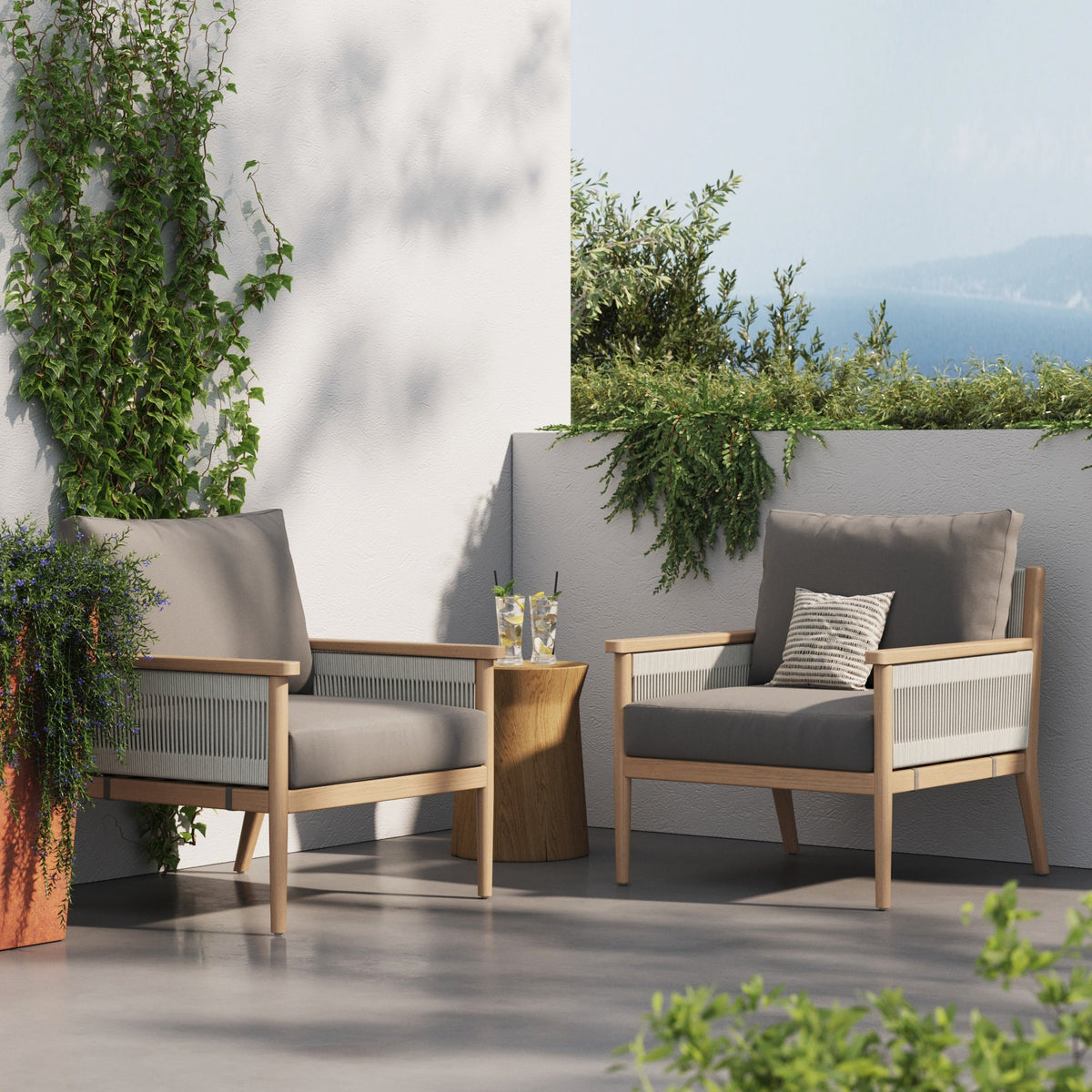 Outdoor Wood & Rope Patio Arm Chairs Medium Gray (Set of 2)