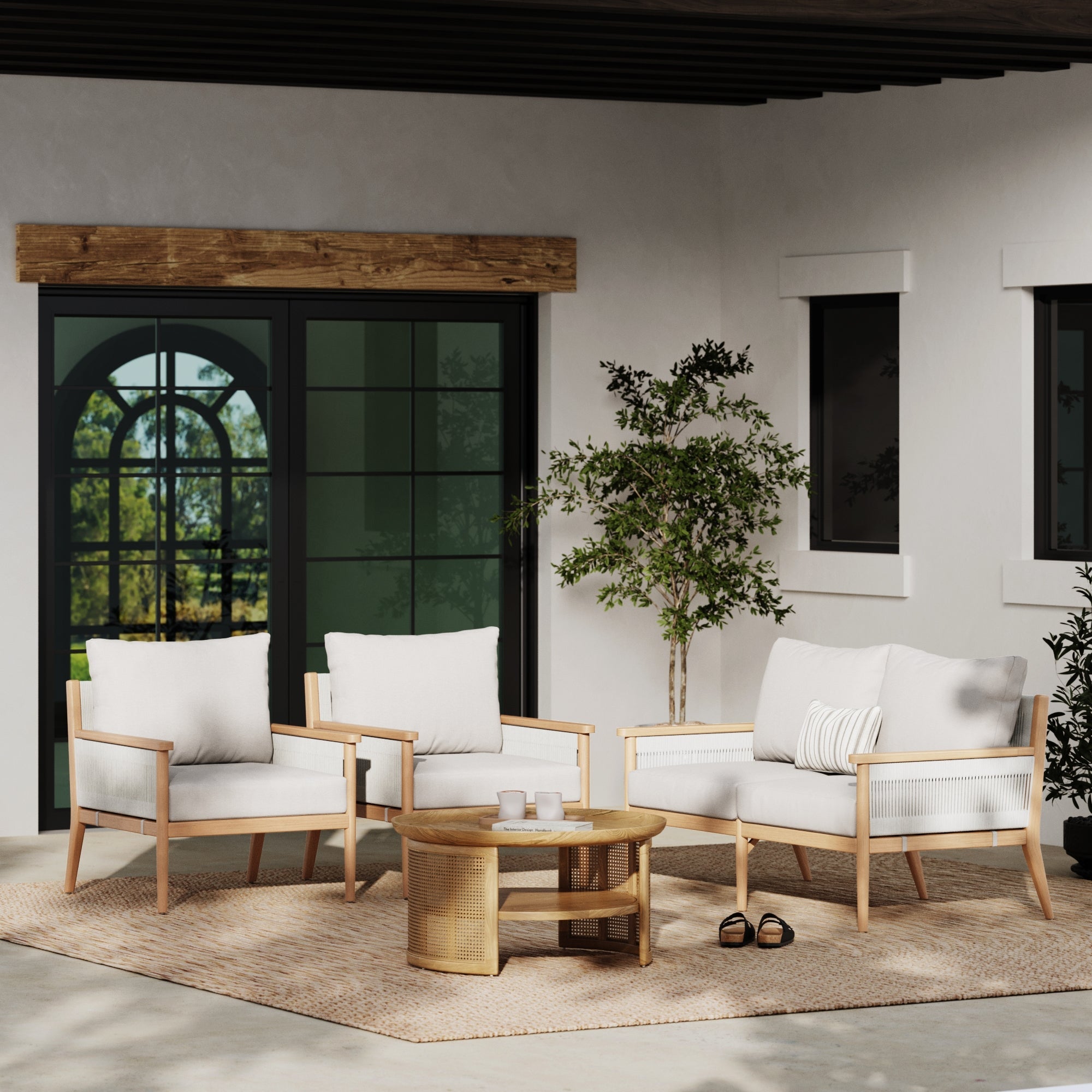Outdoor Wood & Rope Patio Arm Chairs Ash White (Set of 4)