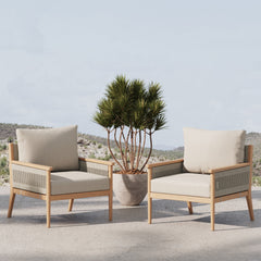 Outdoor Wood & Rope Patio Arm Chairs Ash White (Set of 2)