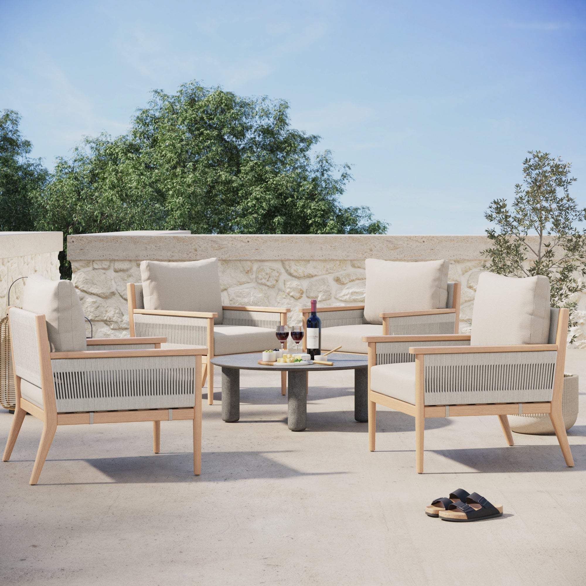 Outdoor Wood & Rope Patio Arm Chair Ash White