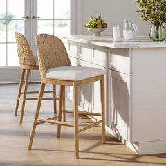 Woven Seagrass Back & Boucle Counter Bar Stool Light Brown (Set of 2)