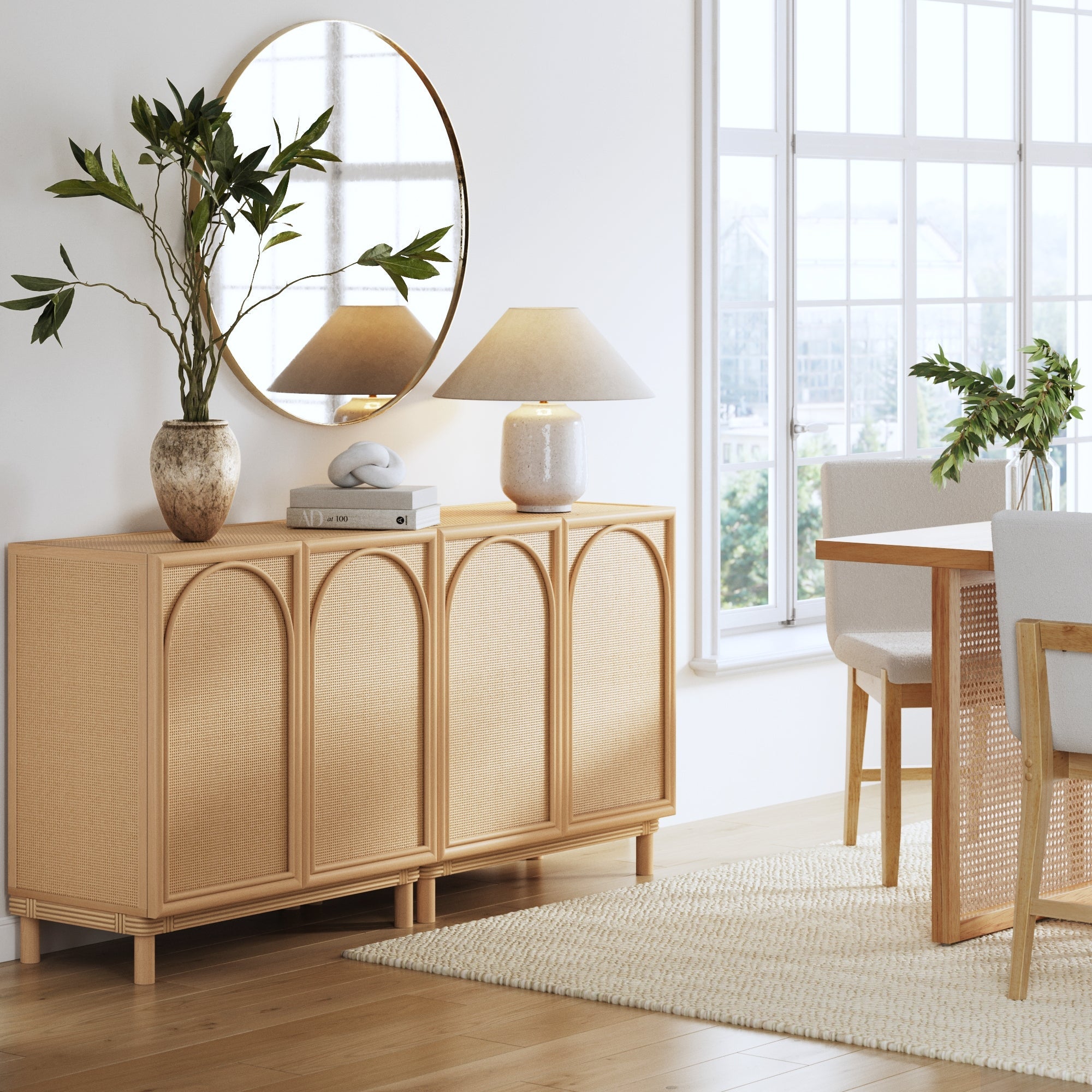 Boho Arched Storage Cabinet with Rattan Doors (Set of 2)