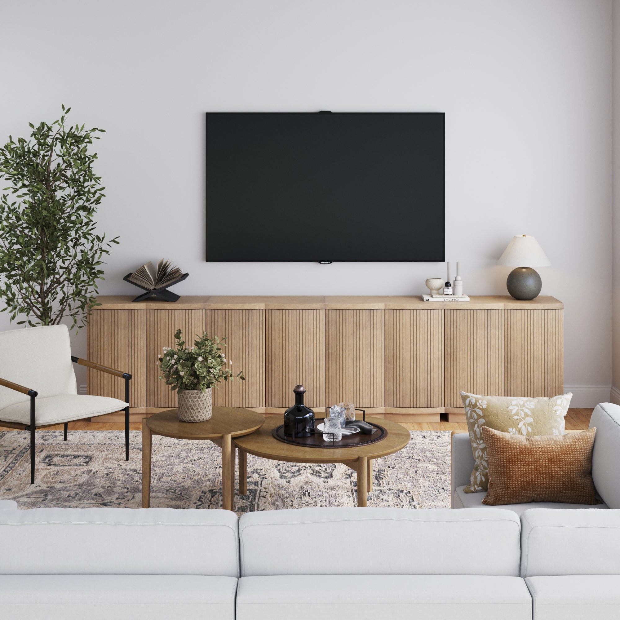 Mid-Century Modern Fluted Credenza TV Stand Light Brown (Set of 4)