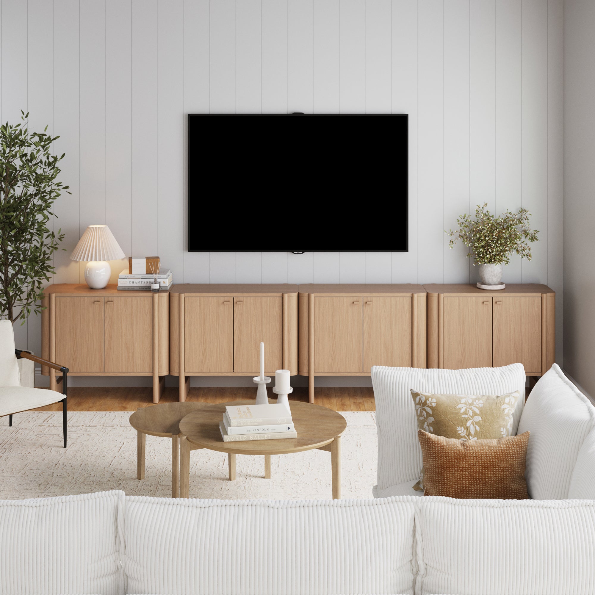 Mid-Century Modern Solid Wood Credenza TV Stand Raw Oak (Set of 4)