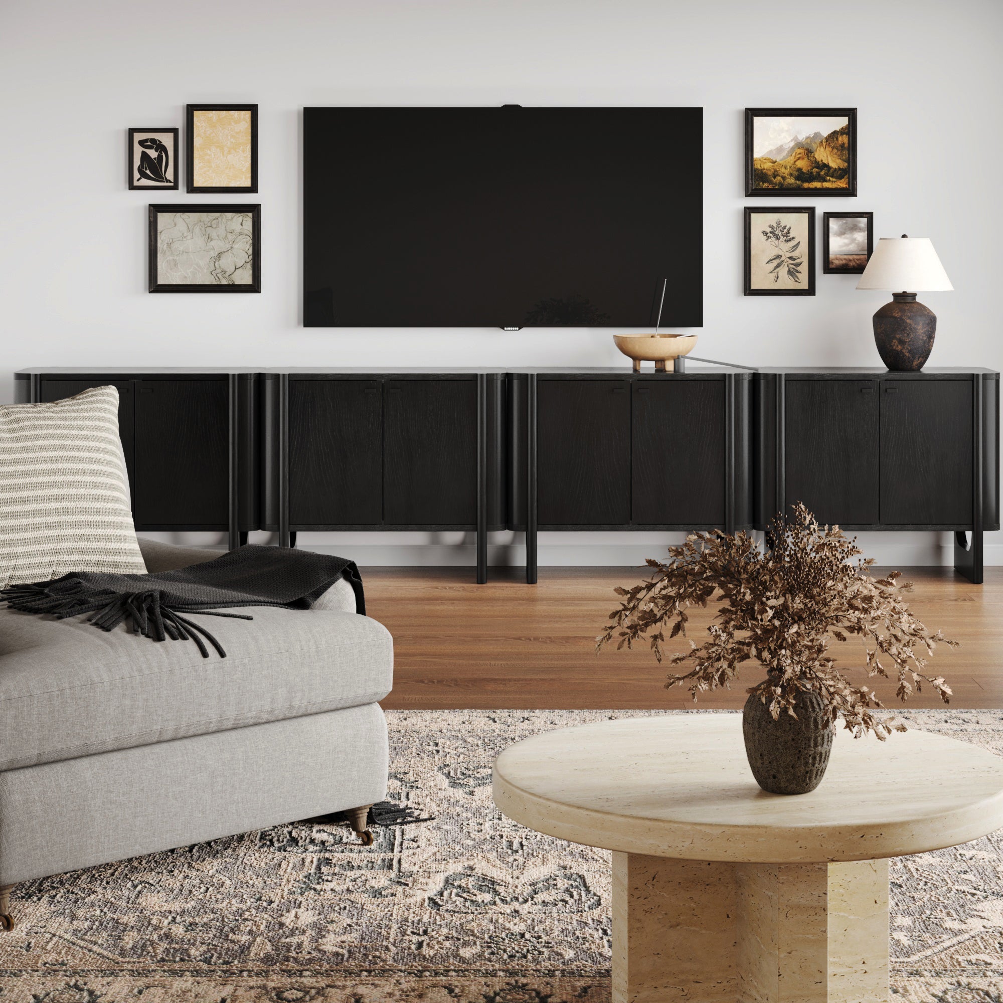 Mid-Century Modern Solid Wood Credenza TV Console Black (Set of 4)