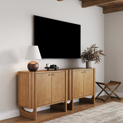 Mid-Century Modern Solid Wood Accent Cabinet or TV Stand Light Brown (Set of 2)