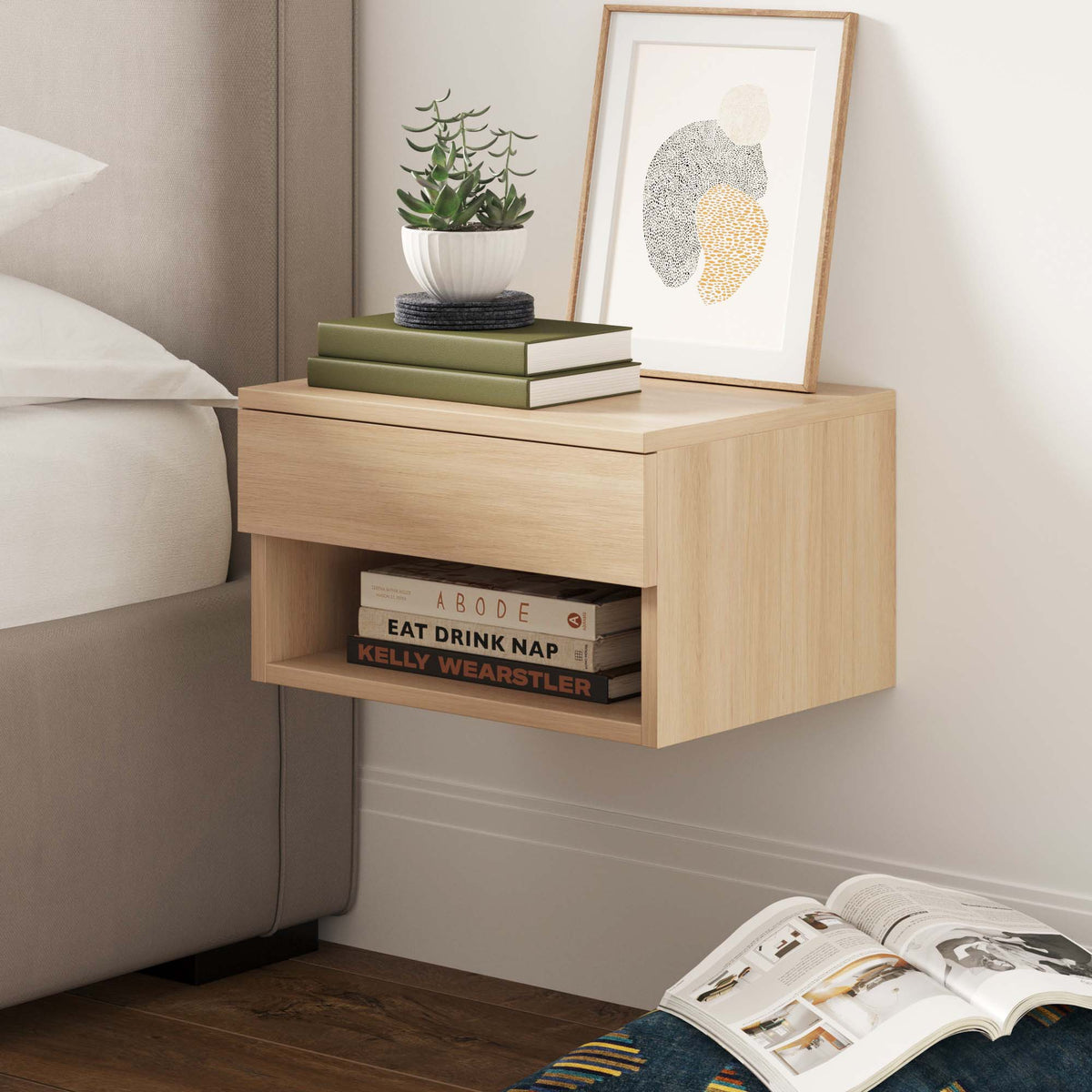 Mid-Century Floating Drawer Nightstand Light Oak