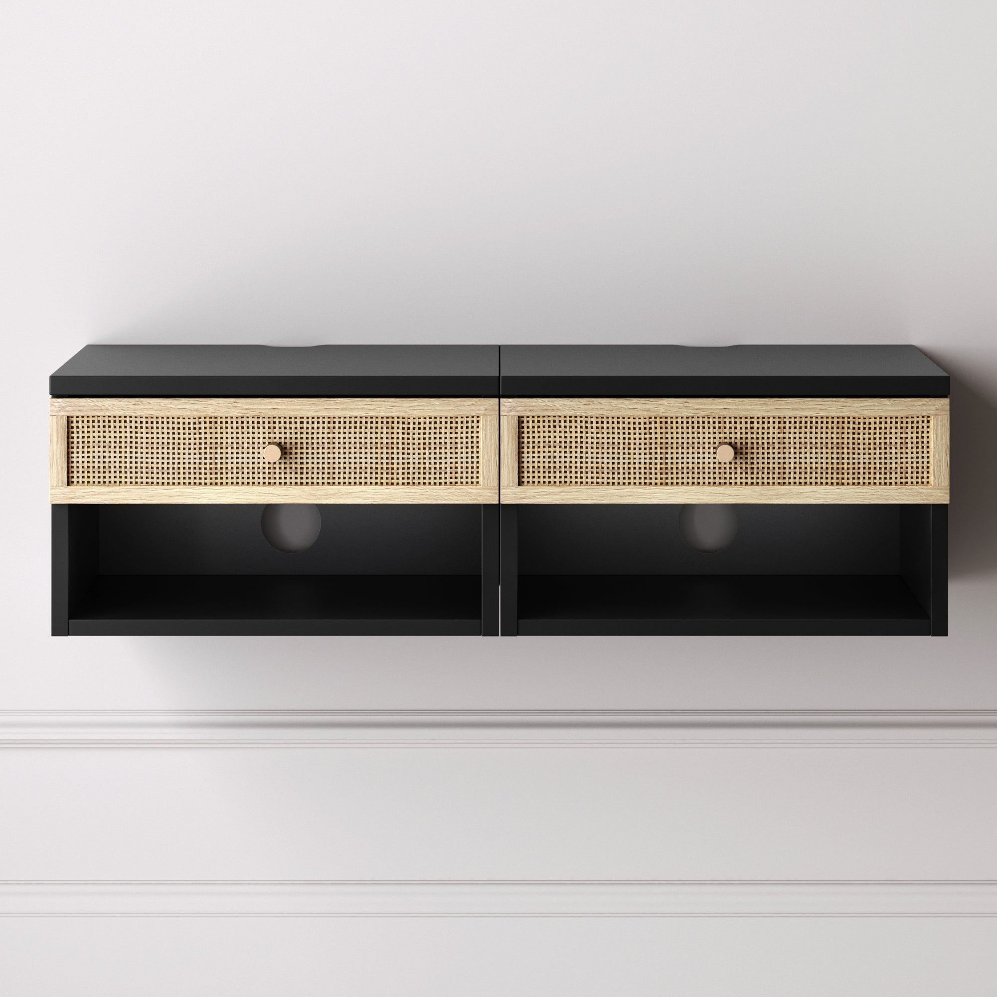 Rattan Floating Nightstands Black (Set of 2)