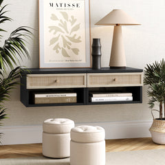 Rattan Floating Nightstands Black (Set of 2)