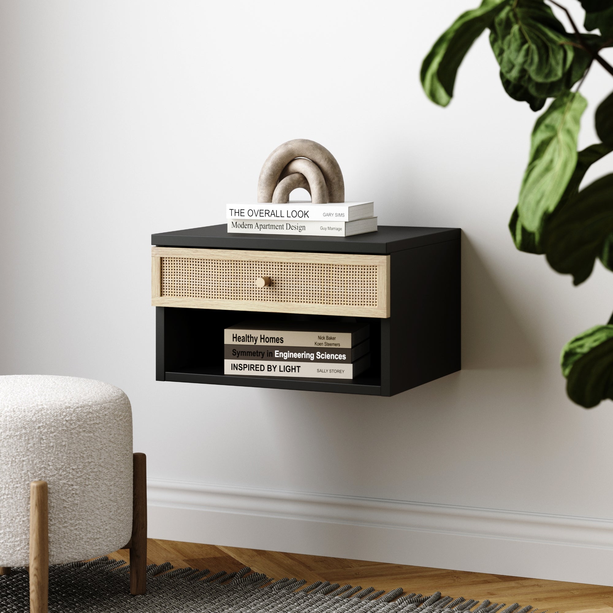 Rattan & Wood Floating Nightstand Light Oak